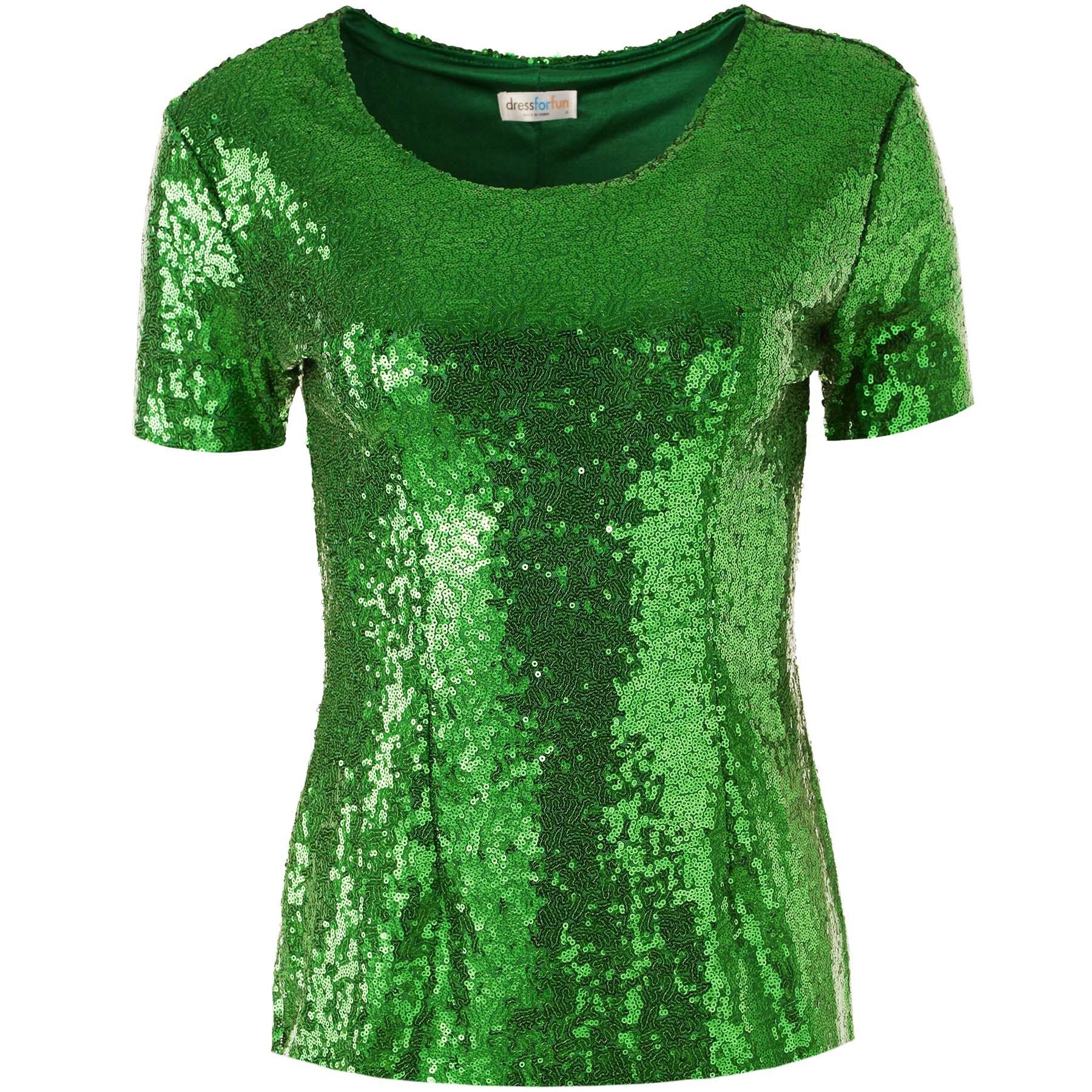 dressforfun T-Shirt Kurzarmtop, Damen-Shirt mit kurzen Ärmeln und Rundhalsausschnitt (Freizeitoberteil, Konfektionsgröße M in grün) Vorn mit glänzenden Paillett – Bild 2 von 5