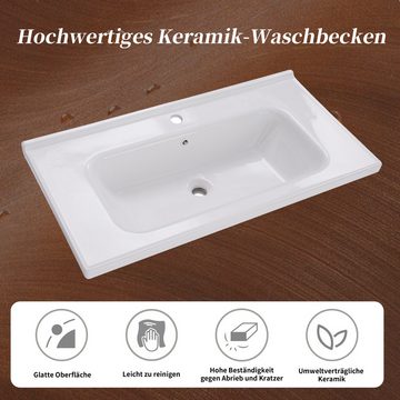 OKWISH Badmöbel-Set Waschbeckenunterschrank hängend 90cm breit, (mit Keramikwaschbecken,Schubladen,Spiegelschrank, Badezimmerspiegelschrank, Badschrank)