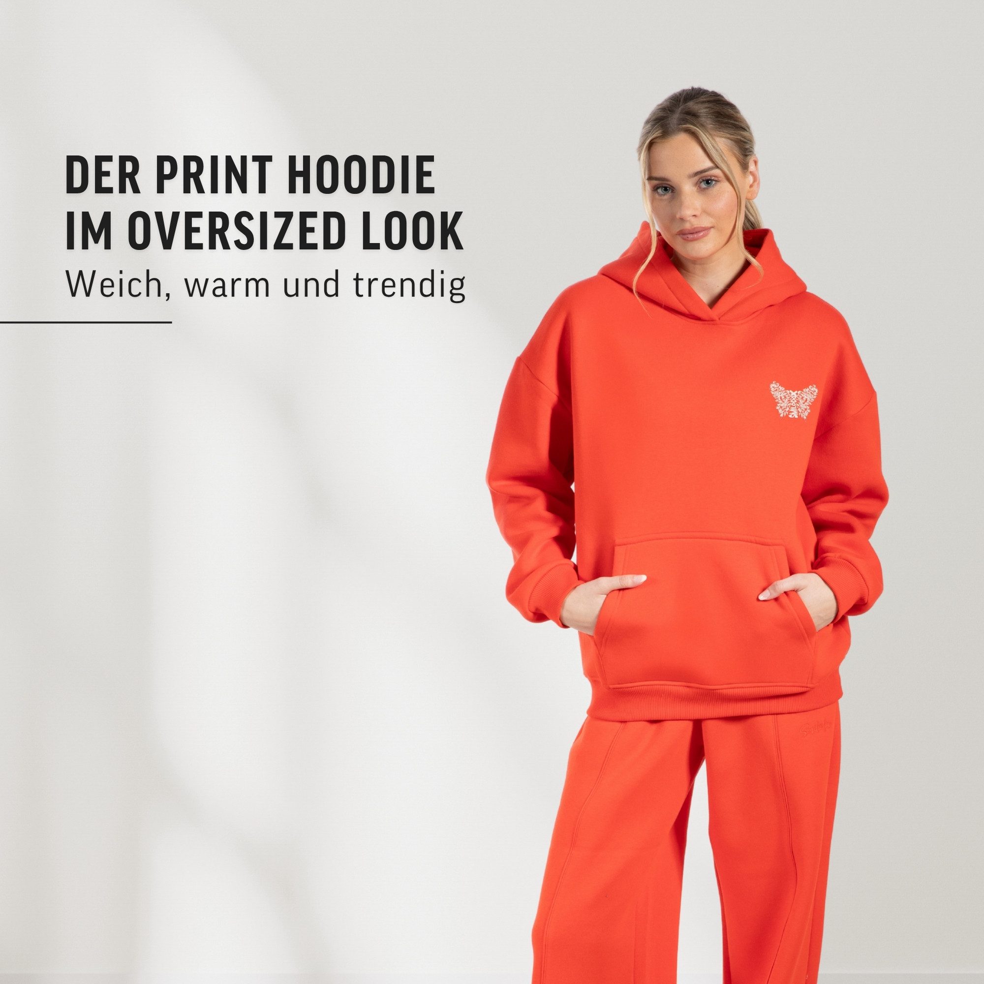 Smilodox Hoodie Nala, Oversize Fit Pullover mit großer Kapuze und Butterfly Print Kapuzenpulli Relaxed Großer Print Kängurutasche Streetwear Fitness