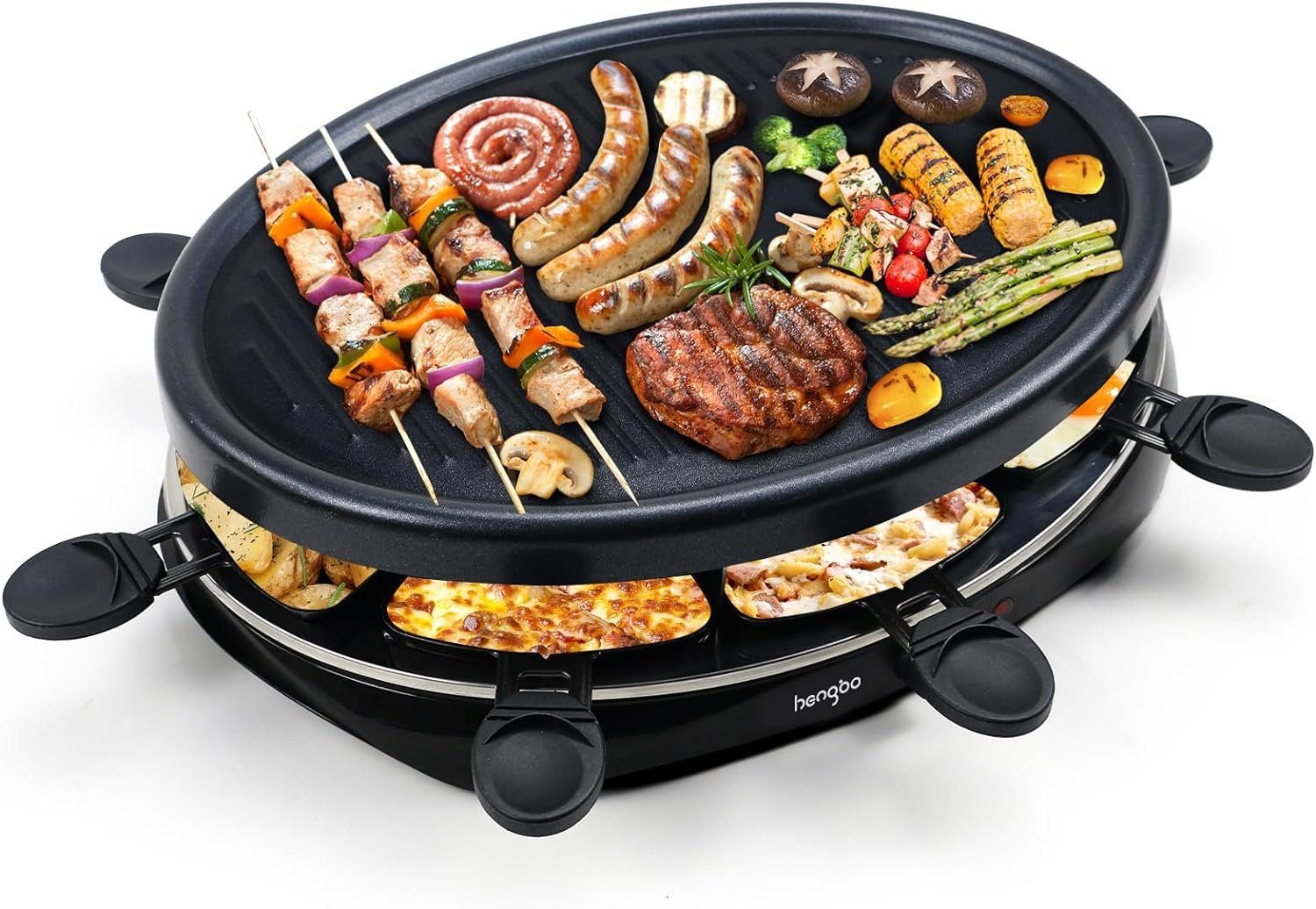 Hengbo Raclette für 8 Personen 8 Raclette Pfännchen und 2 Holzspateln, 8  Raclettepfännchen, 1300,00 W, Räzise Temperaturkontrolle, leichte  Reinigung, Antihaftbeschichtung