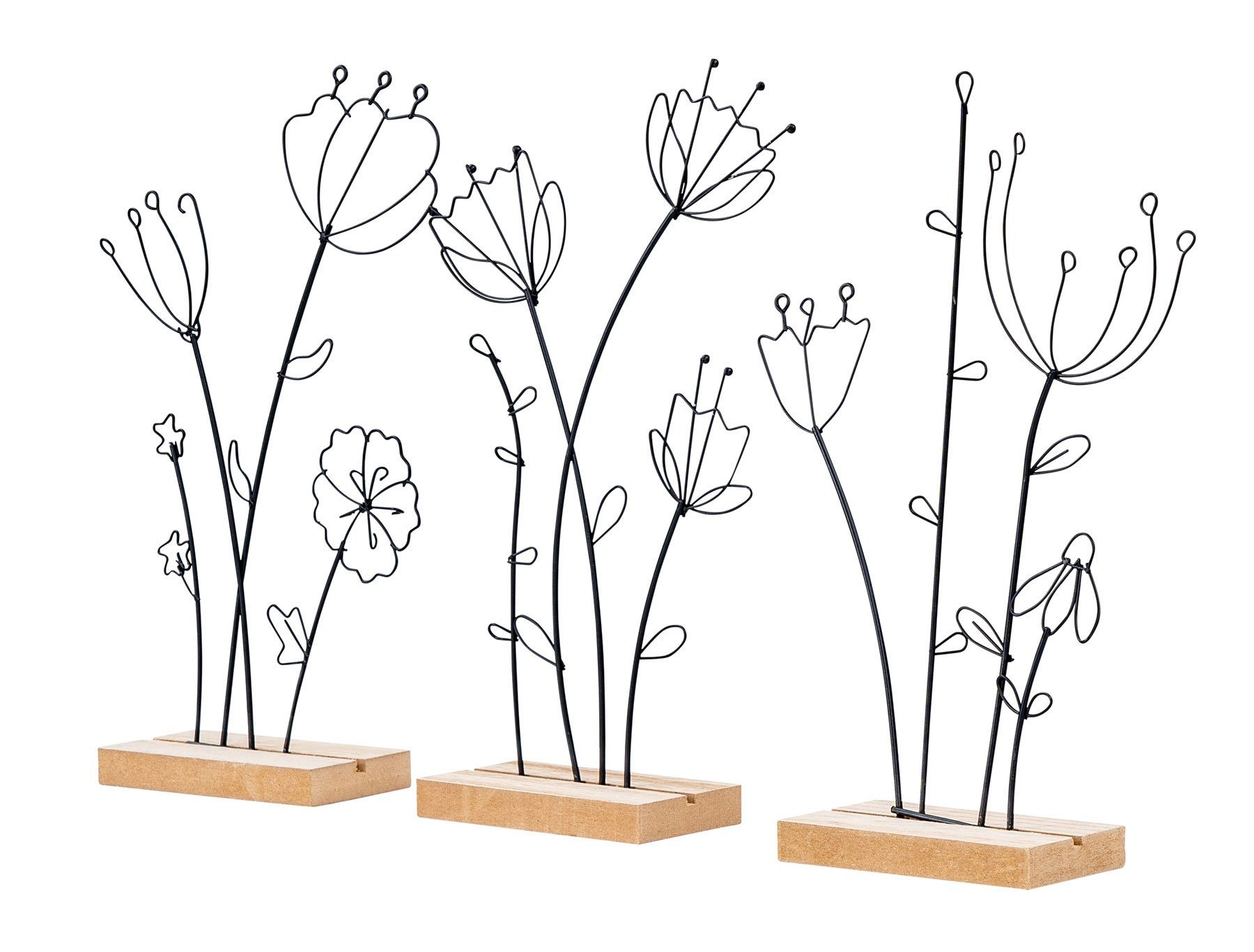 Levandeo® Dekoobjekt, 3er Set Aufsteller Blume Metall MDF Schwarz Natur Draht Deko