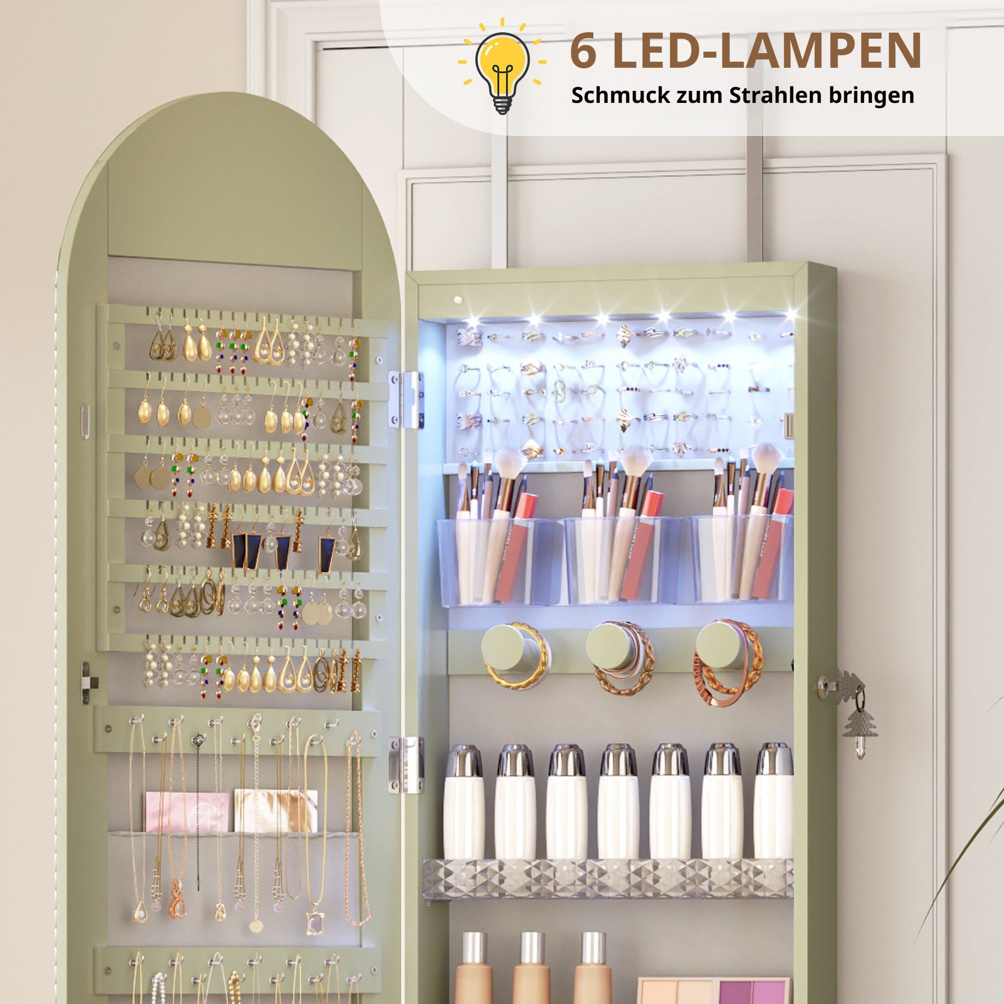 LVSOMT Schmuckschrank mit 3 Farben Licht, aus MDF, explosionssicherem Glas und Samt (1-St) mit Make-up-Spiegel, 108×40cm, grün – Bild 5 von 5