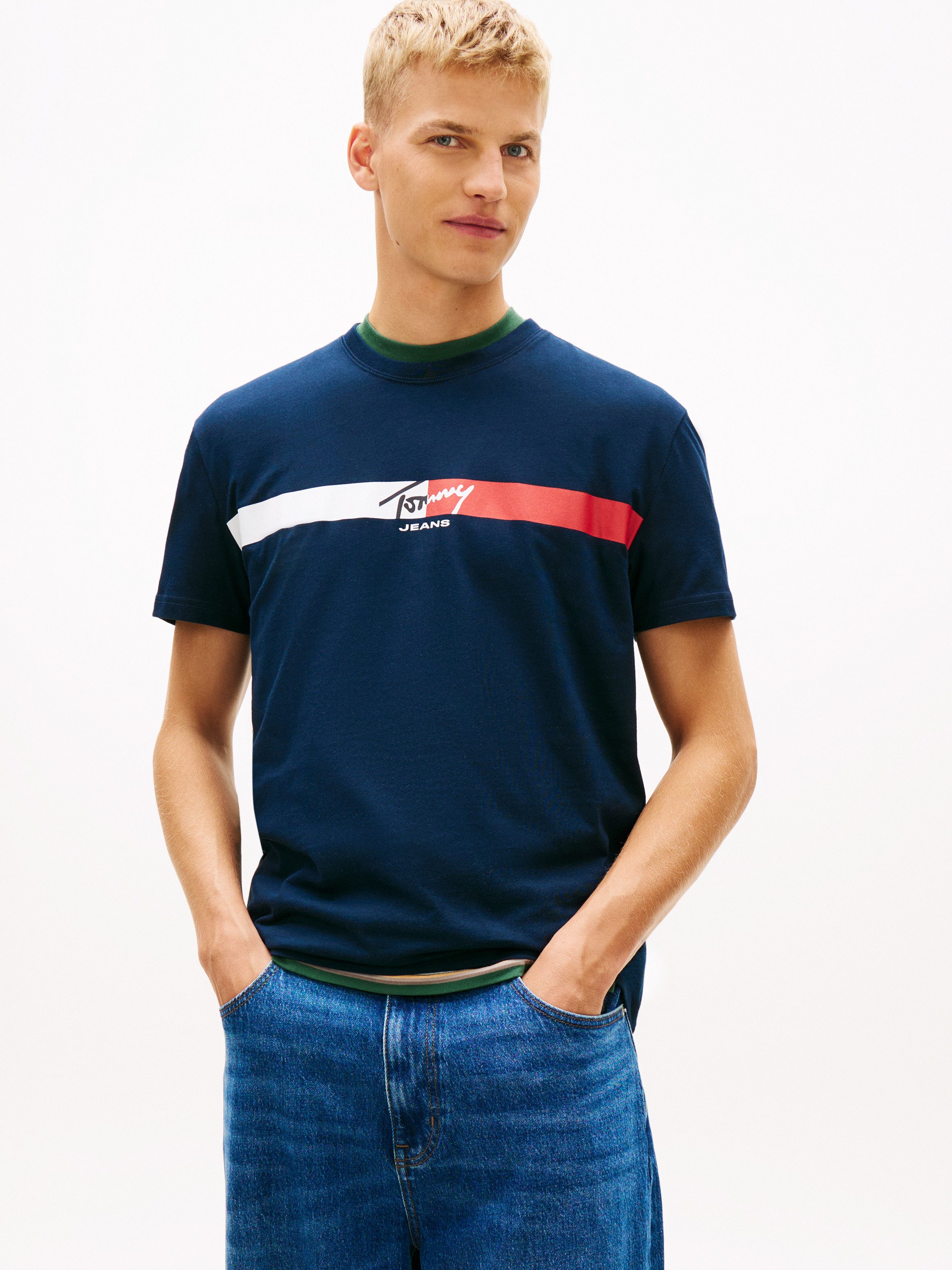 Tommy Jeans T-Shirt TJM REGULAR FIT SIGNATURE STRIPE mit Label-Print