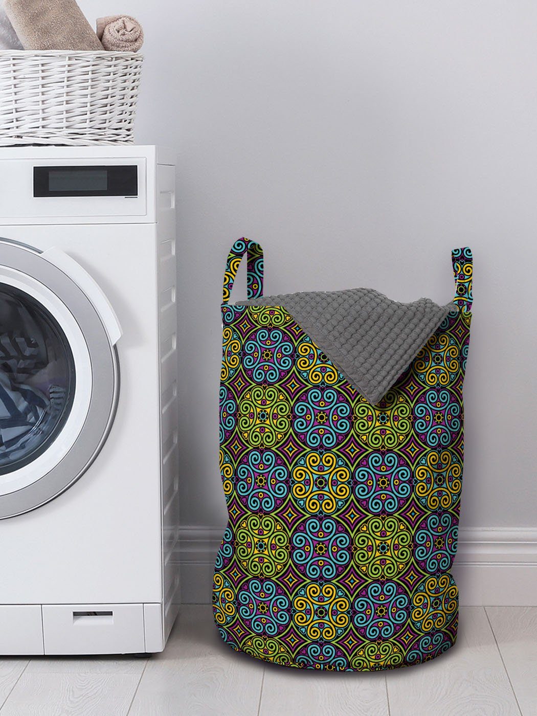Waschsalons, Abakuhaus Geometrisch Wäschesäckchen Klassische Wäschekorb für mit Antik Kordelzugverschluss Ethnisch Griffen
