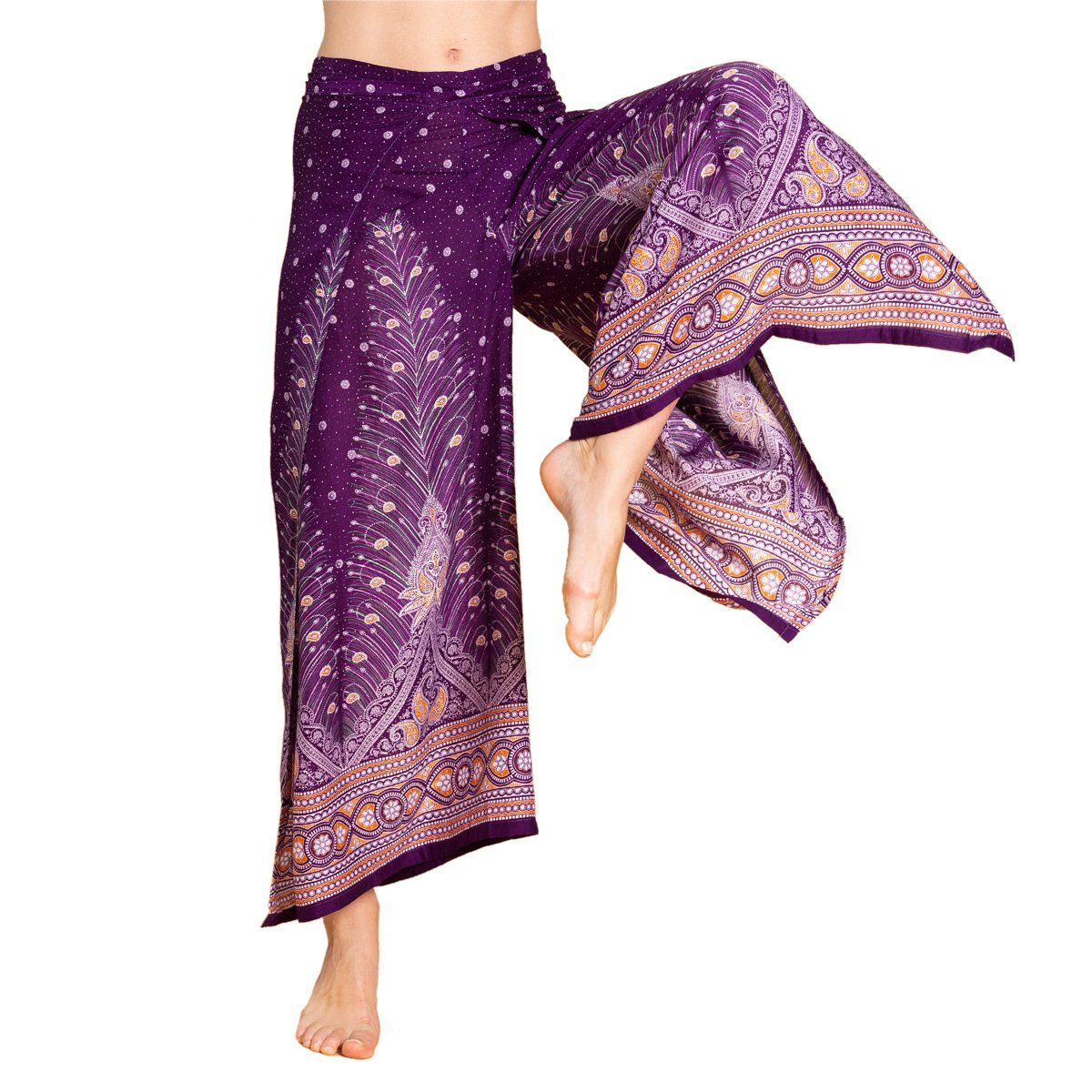 PANASIAM Palazzohose Sunshine Pants Wickelhose aus natürlicher Viskose Palazzohose im Peacock Design langer Boho Hosenrock Haremshose Pareo Hose