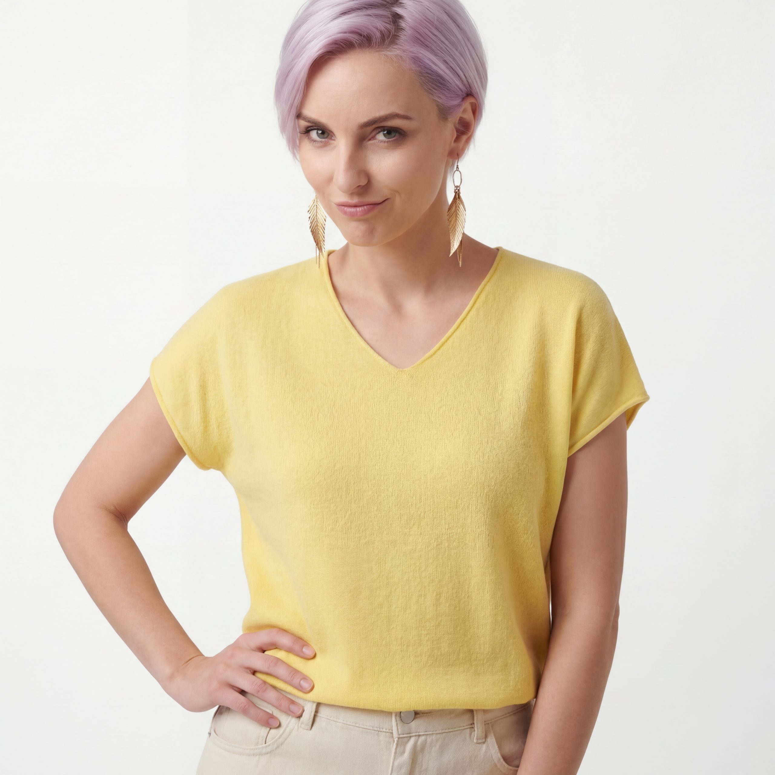 T-Shirt T-Shirt Damen Kurzarm Shirt weiches Feinstrick Oberteil V-Ausschnitt