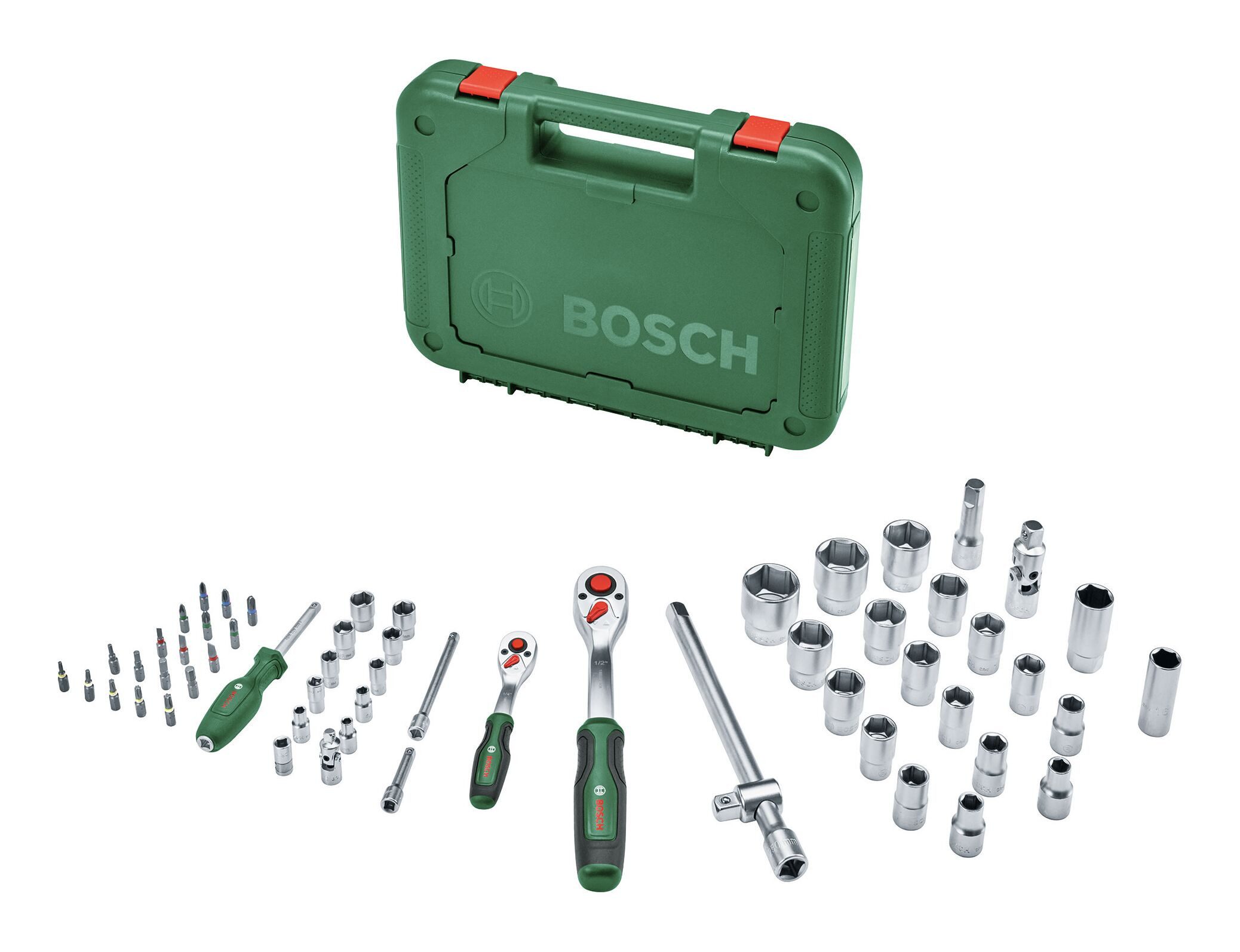 BOSCH Ratschenringschlüssel (57 Teile), Handwerkzeug 1/4"- und 1/2"-Ratschen-Set, 57-teilig