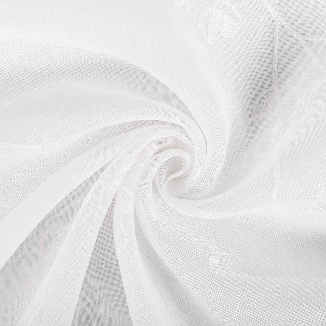 Woltu Gardine (2 St), halbtransparent, Blumen Stickerei mit Schlaufen Leinen Optik