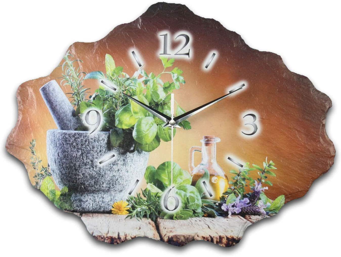 Kreative Feder Wanduhr Design-Wanduhr aus Stein (Beton) „Kräuter“ (Funk- oder Quarzuhrwerk; ohne Ticken; elegant, außergewöhnlich, modern)