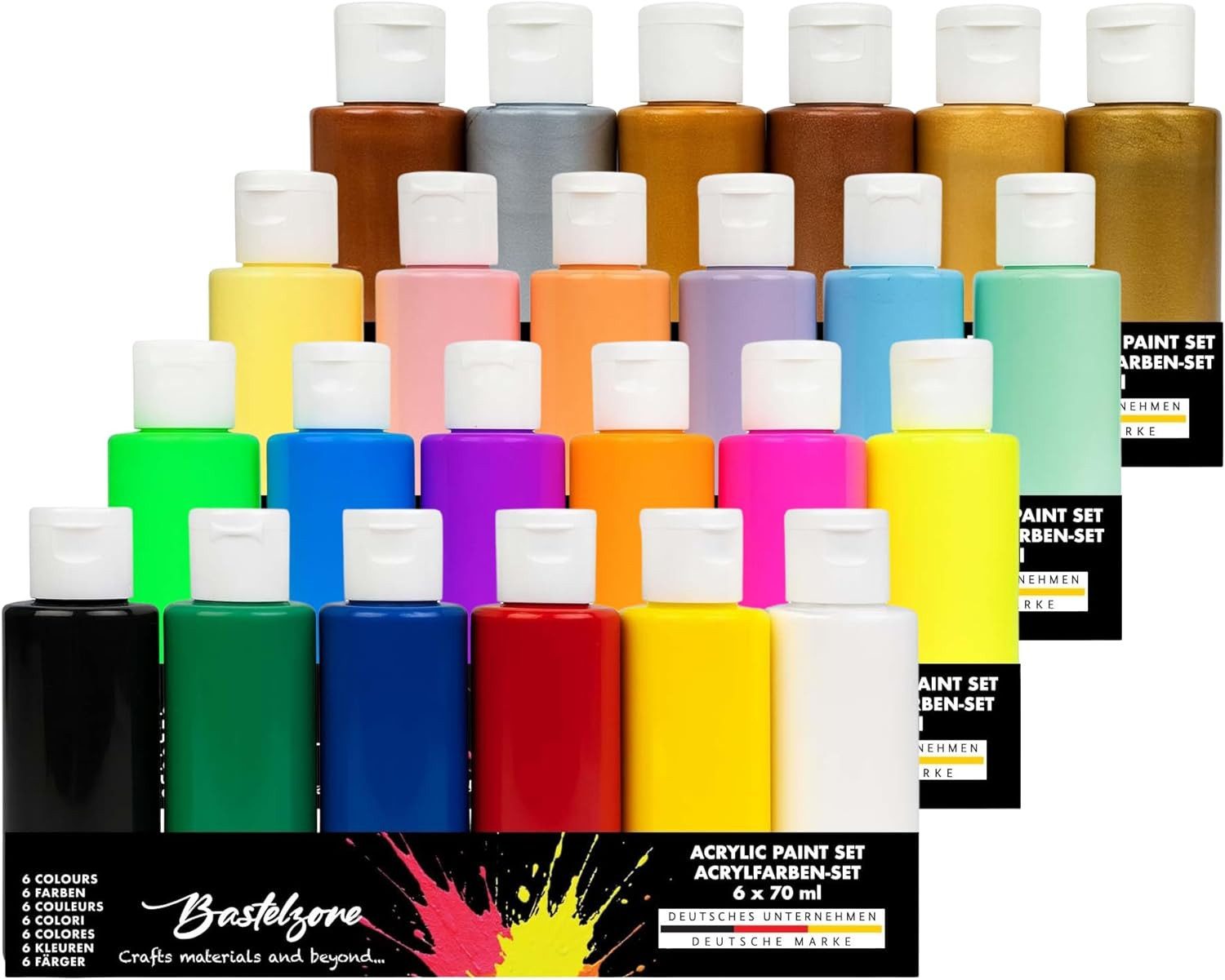 Greenpoint Acrylfarbe Acrylfarben Set 24x70 ml hochpigmentiert wasserbasiert vegan, 24 Farben, vegan, wasserbasiert, hochpigmentiert,Neon Pastell Metallic