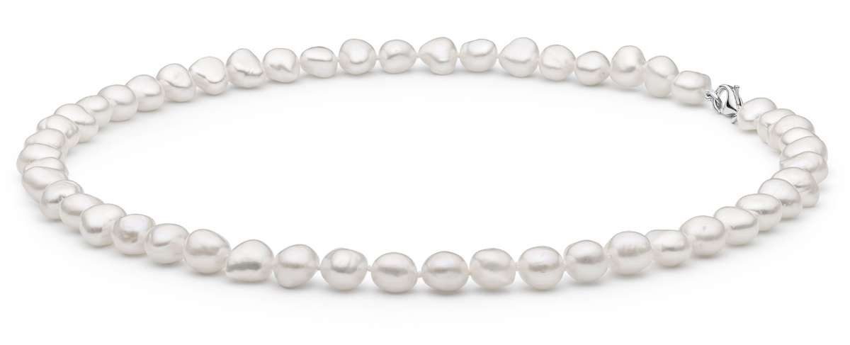 Gaura Pearls Perlenkette für Herren, weiße echte Barockperlen 8-9 mm, 45cm Länge, 925er rhodiniertes Silber
