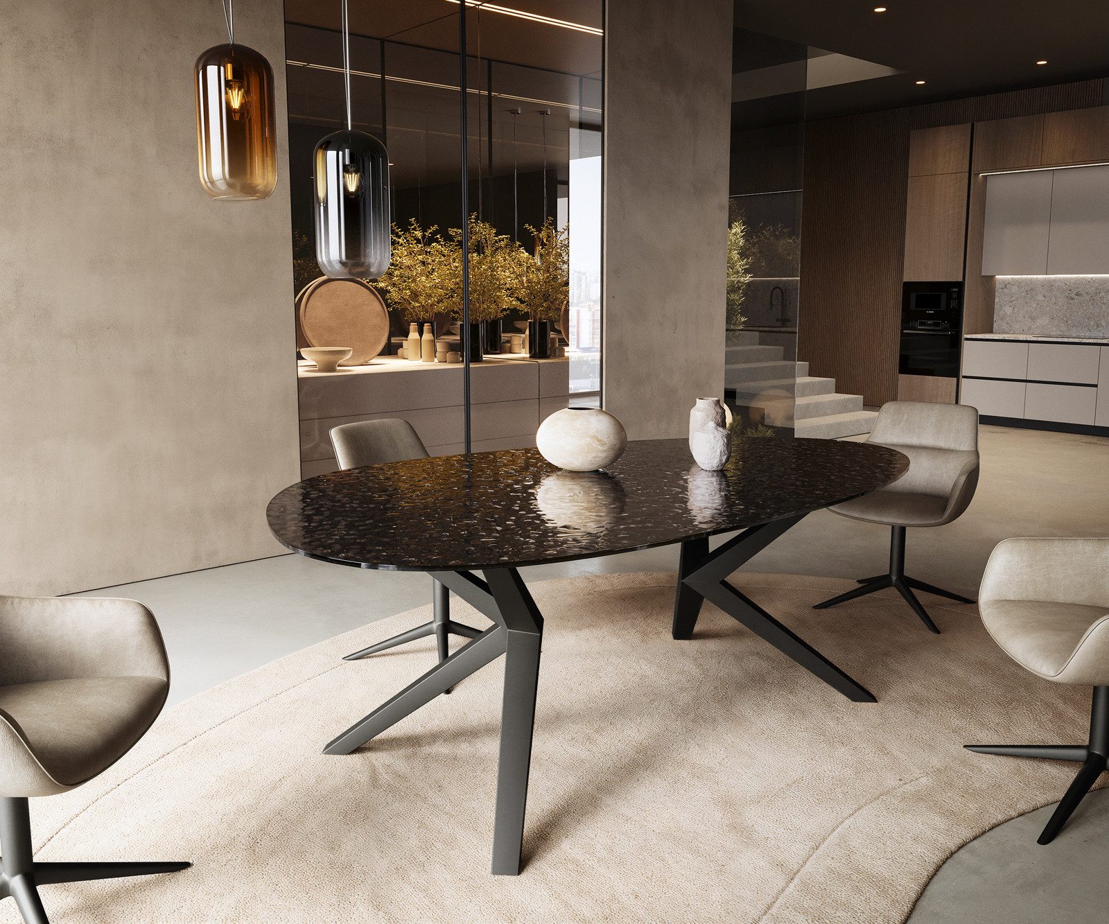 DELIFE Esstisch Edge, Oval Reliefglas Rauchschwarz günstig online kaufen