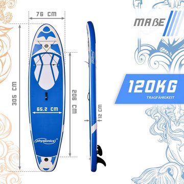 Physionics SUP-Board Stand Up Paddle Board - 305/320/366cm, mit Paddel und Pumpe, Farbwahl