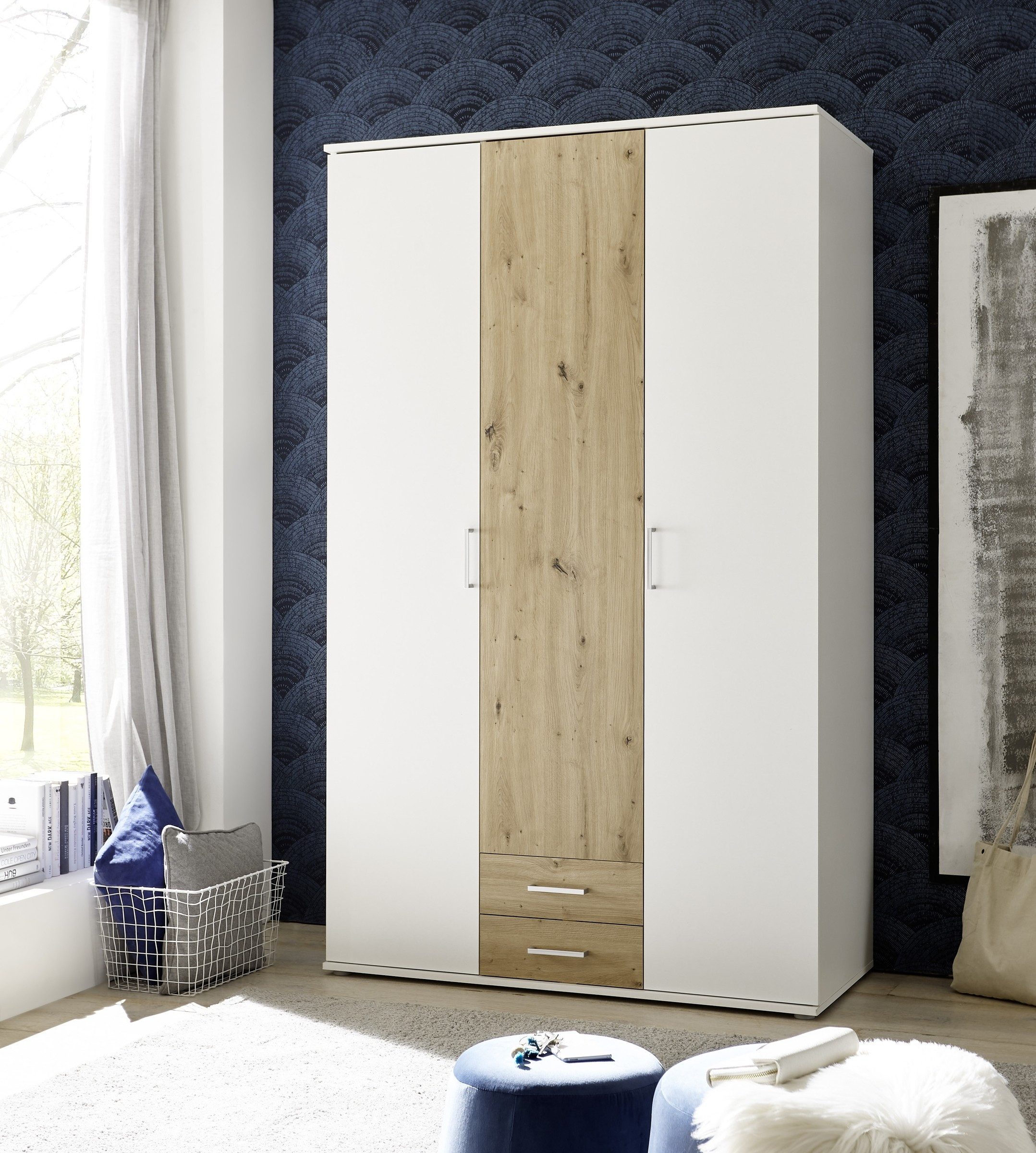 möbelando Kleiderschrank in Weiß / Artisan Eiche mit 2 Schubladen und 3 Türen (BxHxT: 120x196x54 cm)