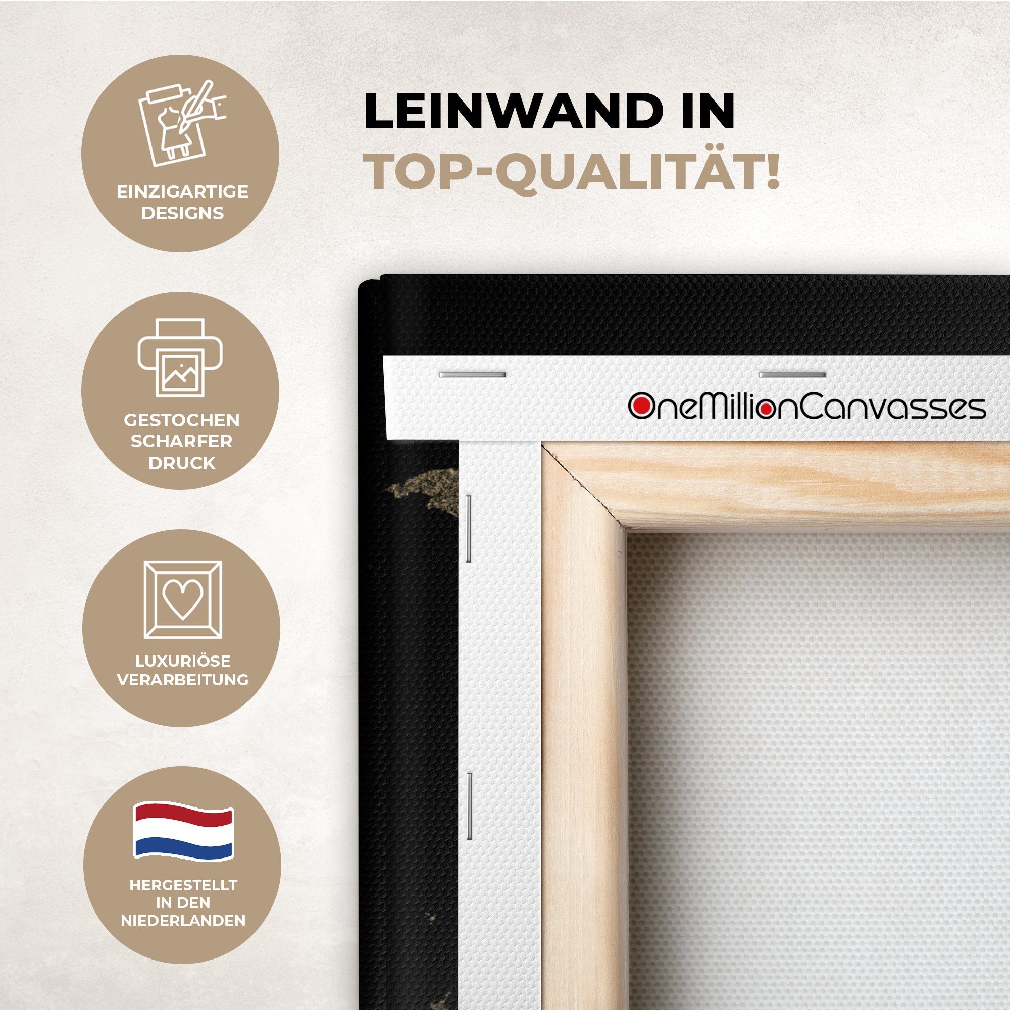 OneMillionCanvasses® Leinwandbild Weltkarte - Gold - Schwarz - Erde - Luxus, Fotodruck (1 St), Leinwand Bilder Klein, Wand Dekoration Aesthetic 30x20 cm