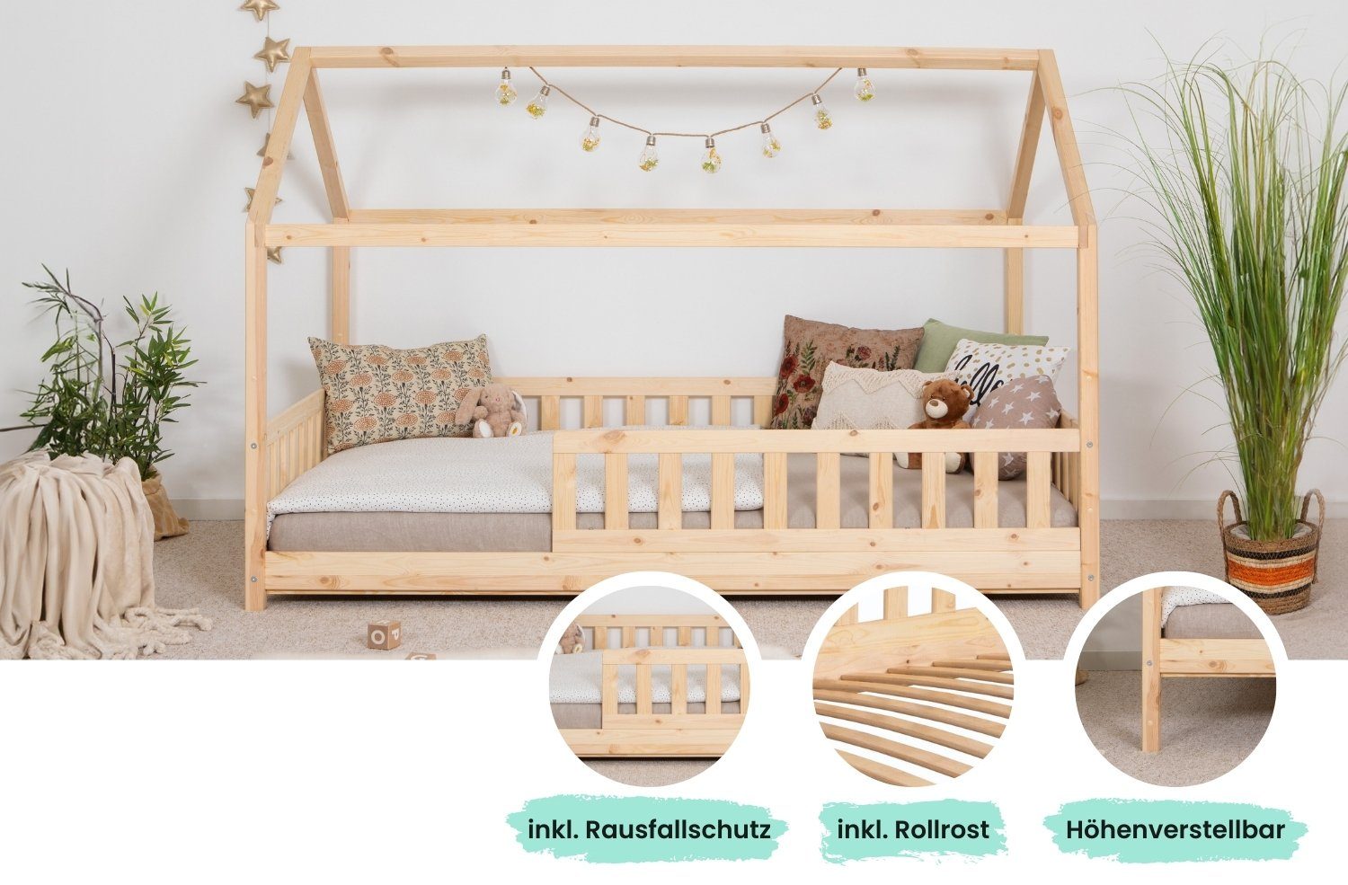 Ticaa Hausbett Kay mit Rausfallschutz aus Kiefer, Kinderbett 140x200, inkl. Dach, mit Rollrost, mit Matratze
