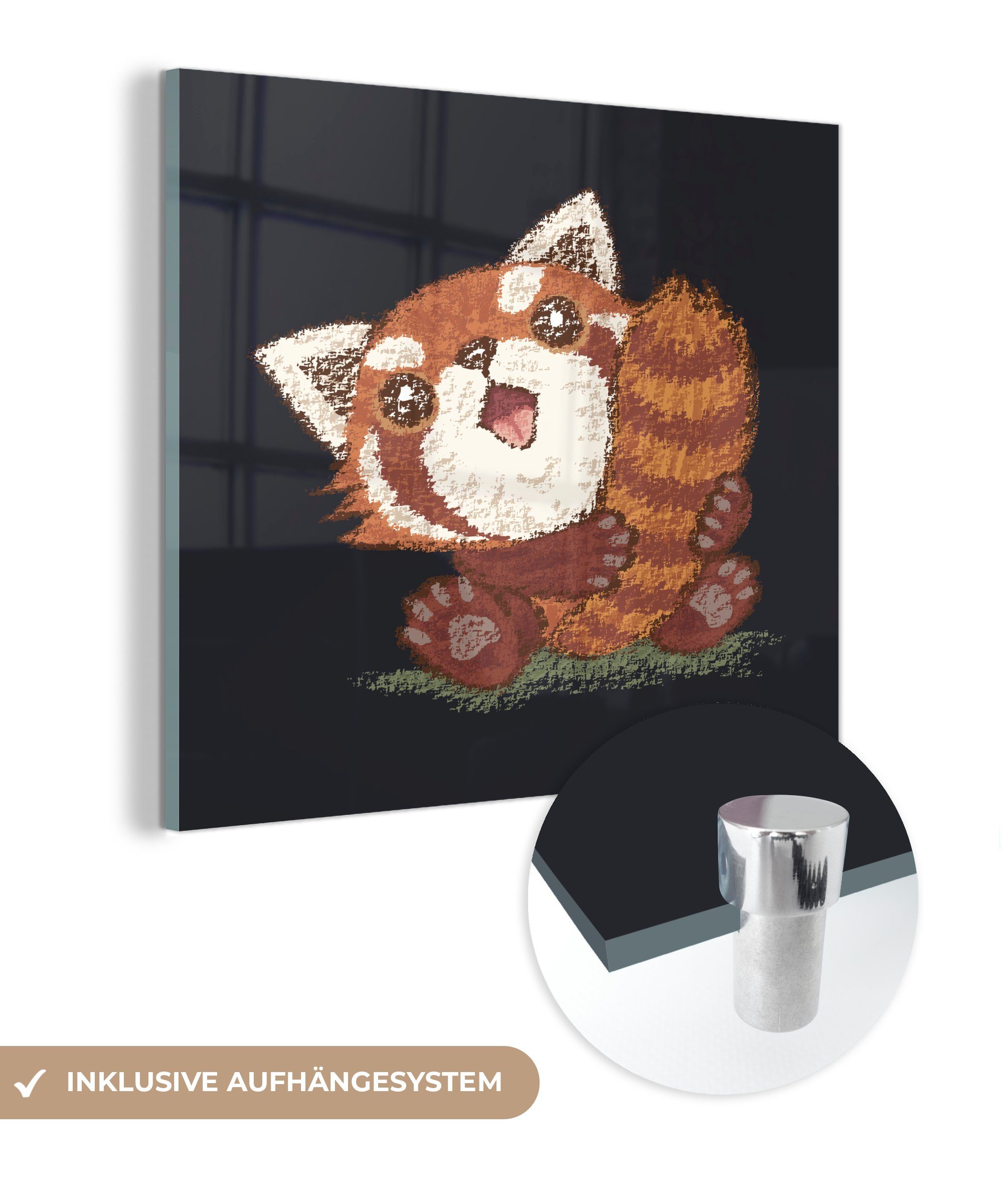 MuchoWow Acrylglasbild Illustration St), seinem Wandbild Bilder auf Wanddekoration - auf (1 Glasbilder mit Glas Glas - - roten Foto eines Pandas Schwanz