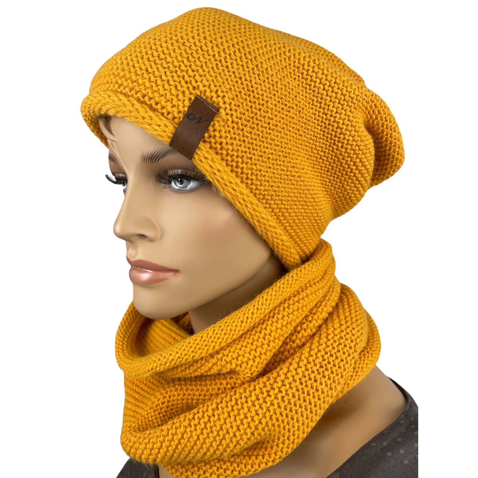 Taschen4life Beanie Mütze & Schal - N-Set unisex (2 teilig, Long-Beanie & Loop-Schal) für Damen und Herren, Strick uni einfarbig, klassisch modischer Stil