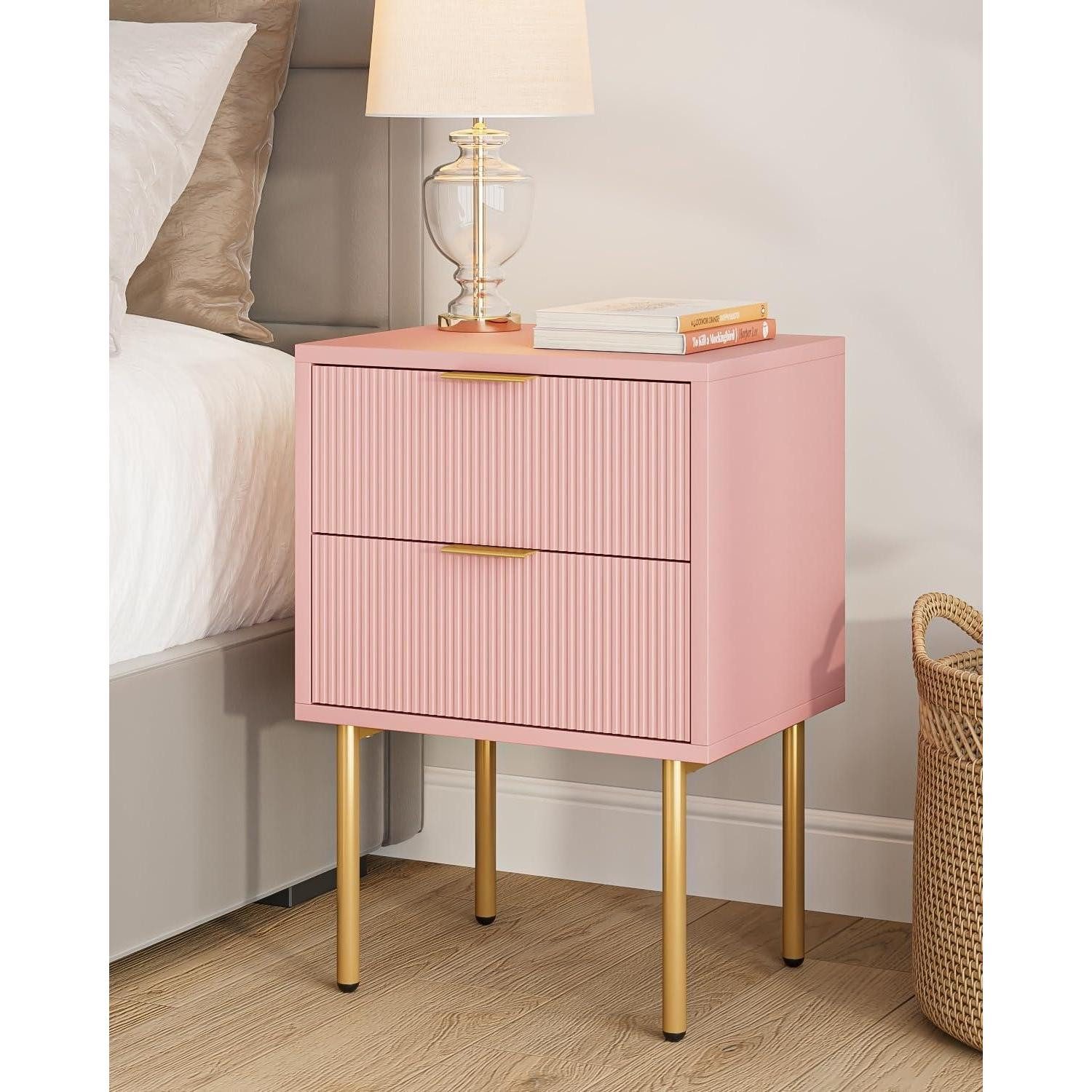 Nachttisch Nachttisch mit 2 Schubladen Weiß-Gold Moderne Boho Nachtkommode