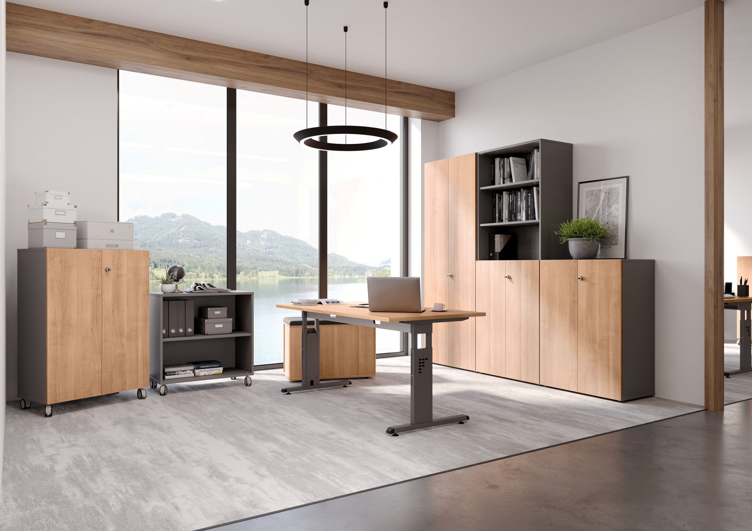 Serie-O, Weiß x Dekor: Eckform: Schreibtisch bümö Gestell: 120 cm Graphit Schreibtisch 200 - -