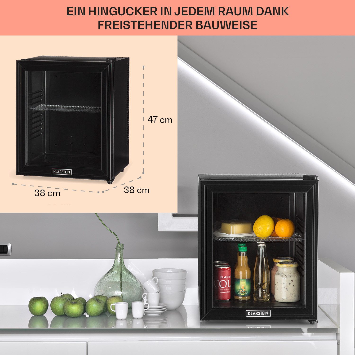 Klarstein Table Top Kühlschrank HEA-Brooklyn-24 10032778A, 47 cm hoch, 38 cm breit, Hausbar Minikühlschrank ohne Gefrierfach Glastür klein Kühlschrank