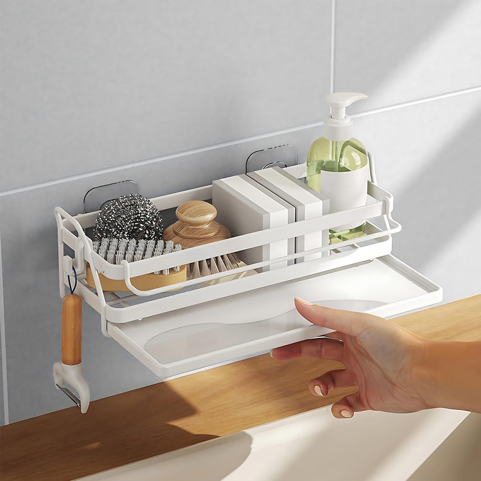 FOUORTUNATE-BEE Küchenorganizer-Set Wandhalterung Küchenspüle Organizer Schwammhalter, (Hängend Spülbecken Organizer mit Spültuchhalter, Spüle Organizer mit Abflusspfanne Ohne Bohren)