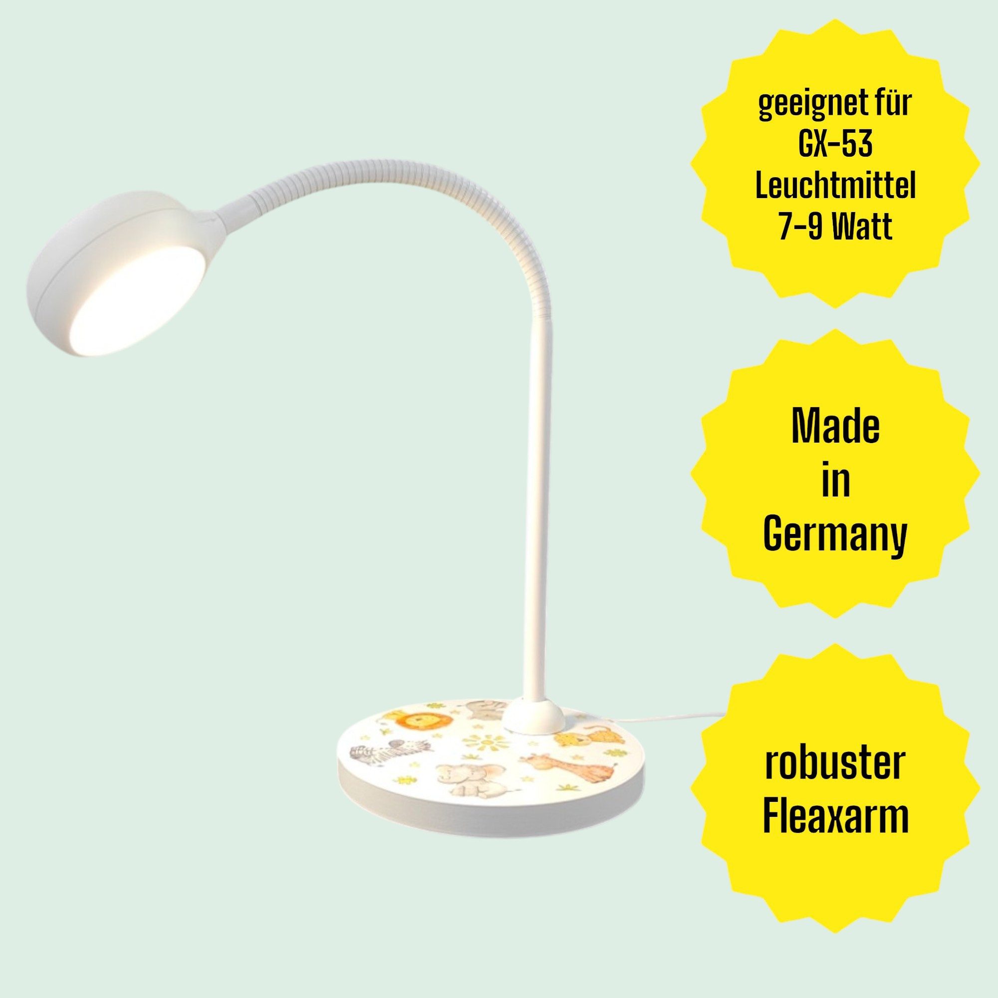 niermann Schreibtischlampe Kinderlampe mit Motiv "Little Safari", Kinderzimmer, ohne Leuchtmittel, flexibel verstellbarer Leuchtenarm, Made in Germany