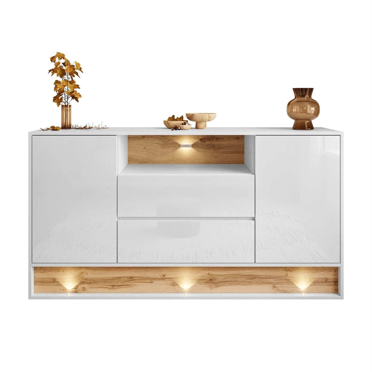 Kommode MILA 160 cm mit Einsatz aus Wotan Eiche Sideboard LED Beleuchtung