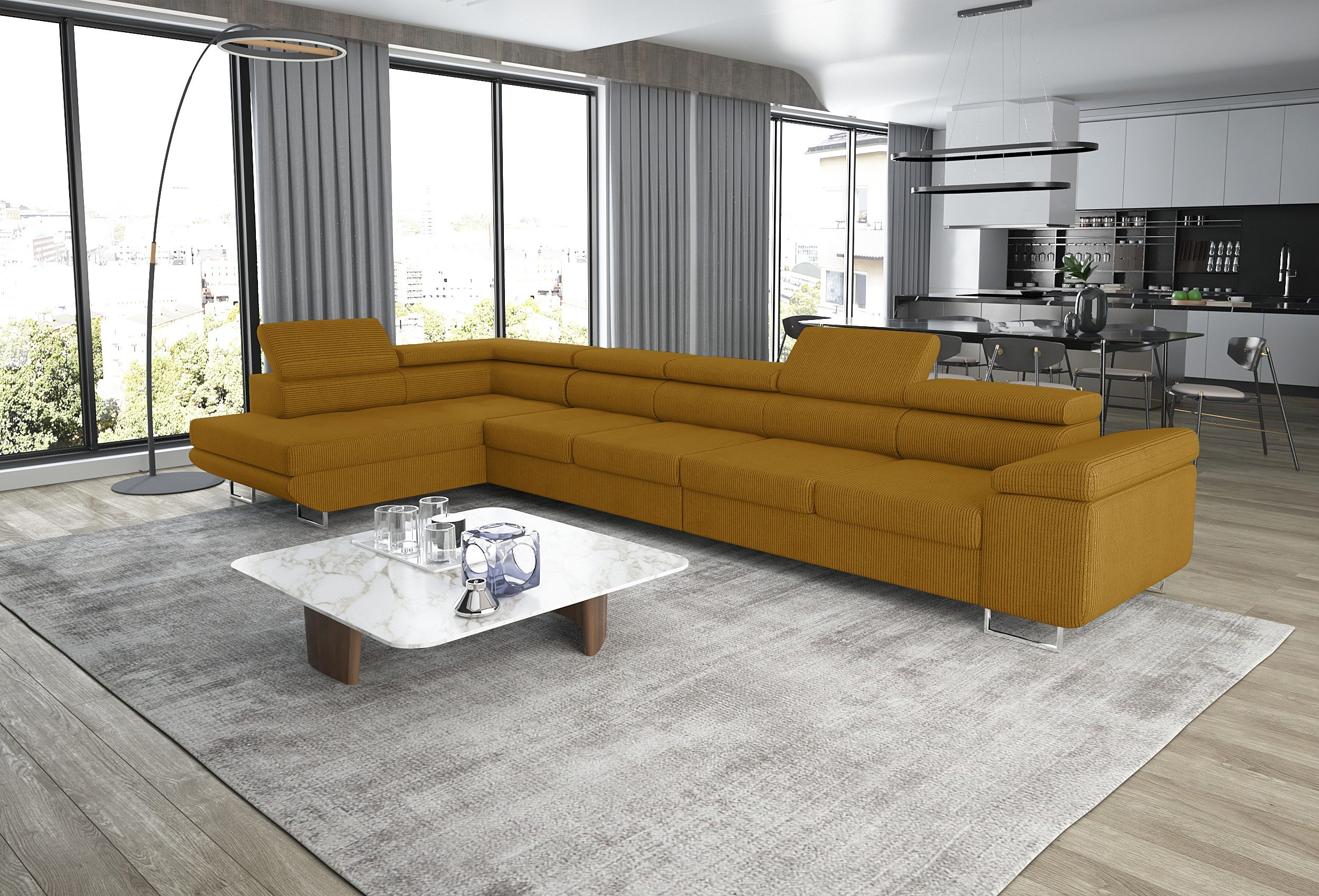 thematys Ecksofa ASTON MAXI 405 x 203cm mit Schlaffunktion & Bettkasten –, L-Sofa mit verstellbaren Kopfstützen, Samt (Monolith), Cord (Poso) - L-Form, XL-Wohnlandschaft, 405 cm breit