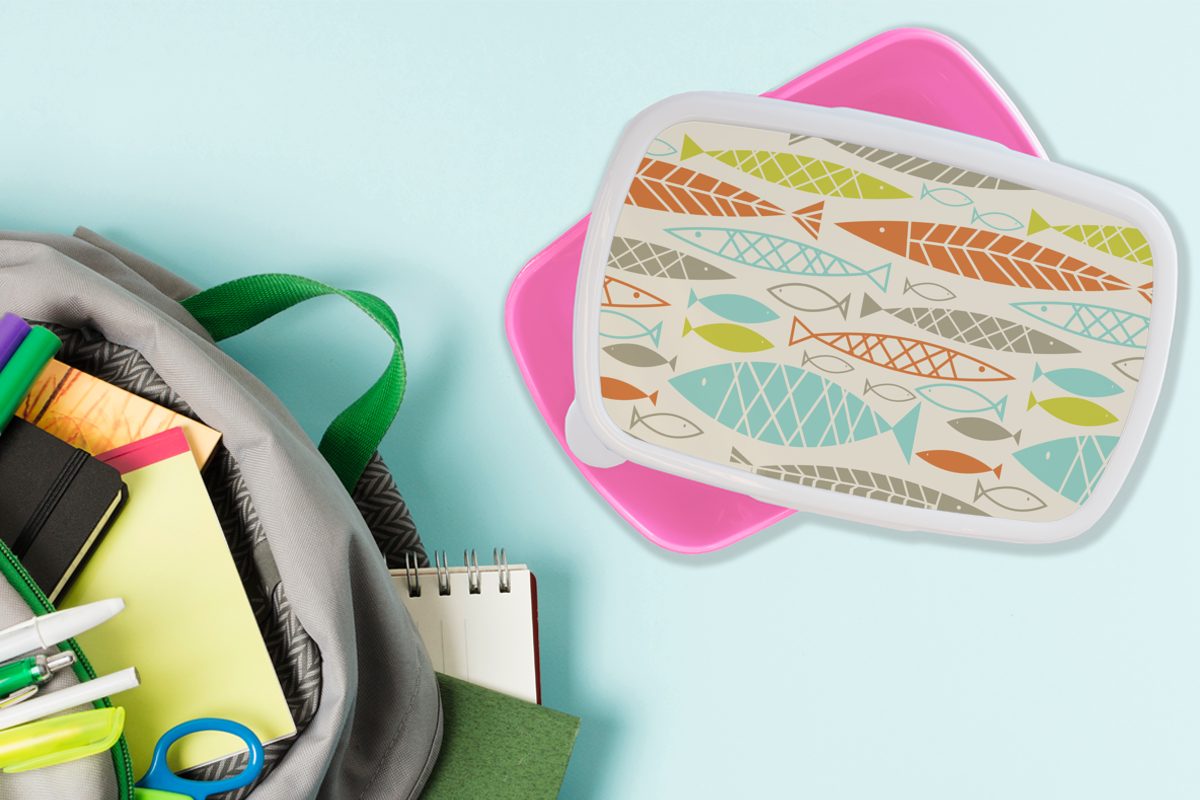 MuchoWow Lunchbox Fisch - 50er Kunststoff, für Kunststoff Kinder, - Brotdose Muster, Jahre Erwachsene, Mädchen, Brotbox (2-tlg), Snackbox, rosa