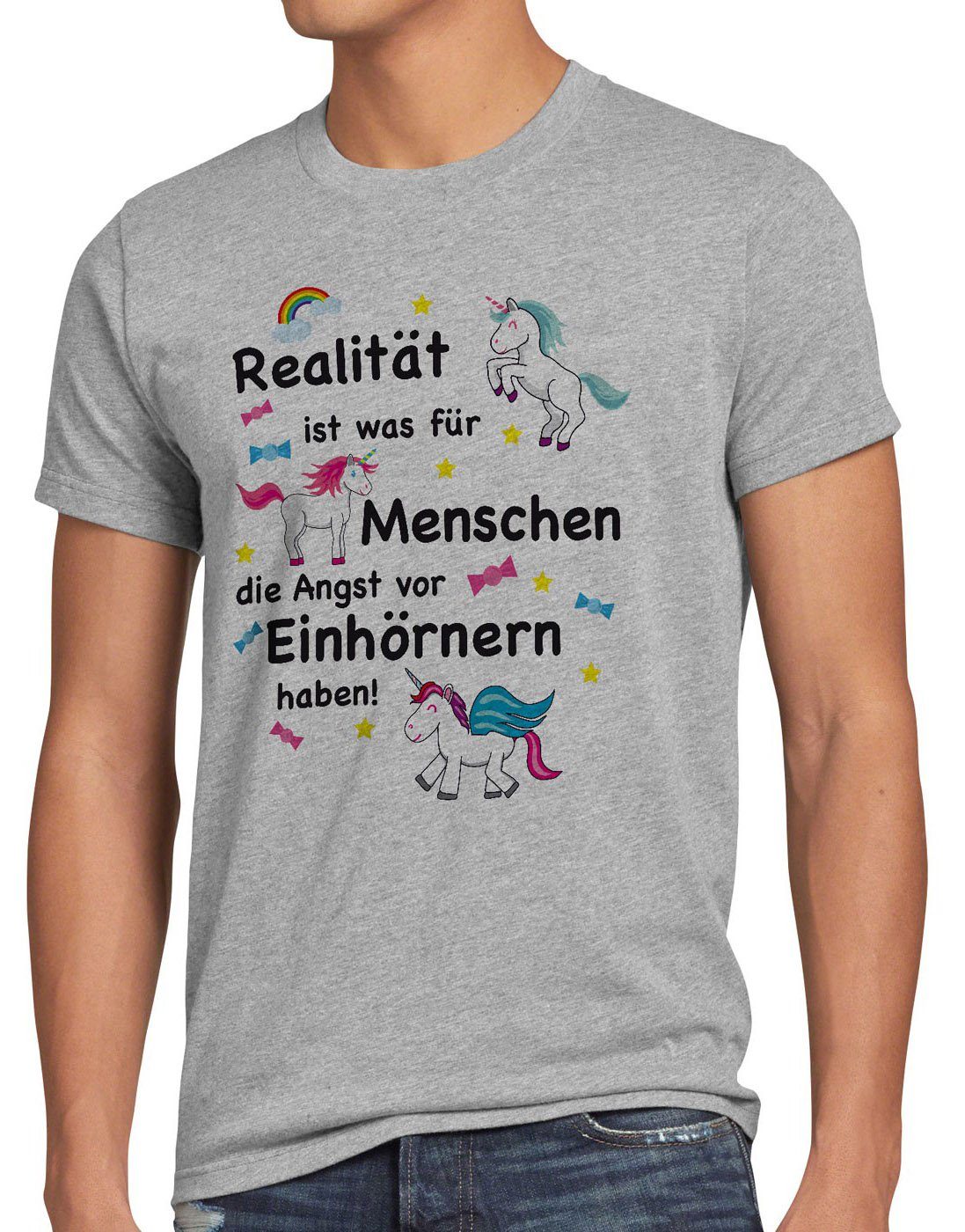 T-Shirt grau Herren ist style3 Einhorn Realität meliert Print-Shirt Menschen Einhörnern Unicorn haben Angst für