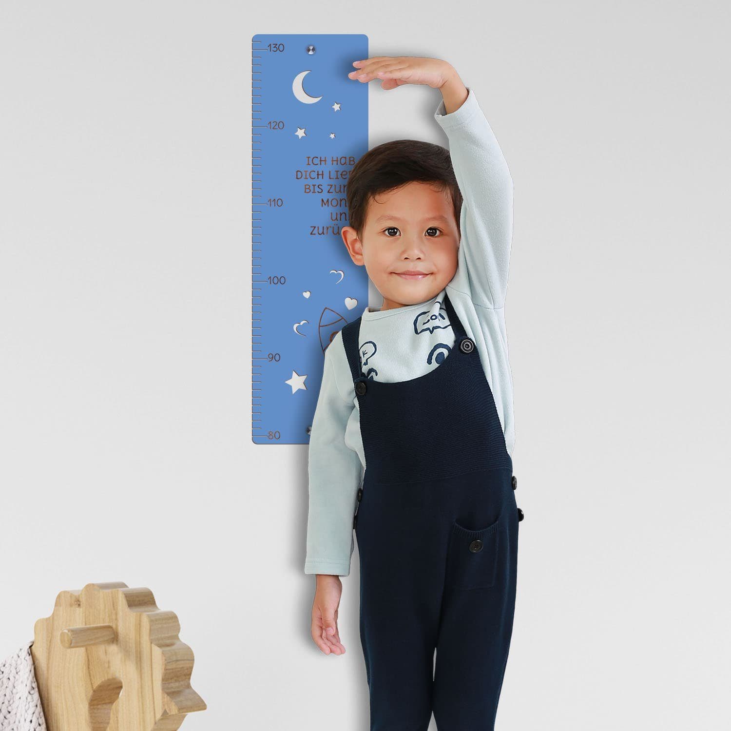 Namofactur Messlatte Kinder Holz Messlatte „Ich hab dich lieb bis zum Mond..” Junge Mädchen, Skala von 80-130 cm, Inkl. Edelstahl Wandhalterung Set