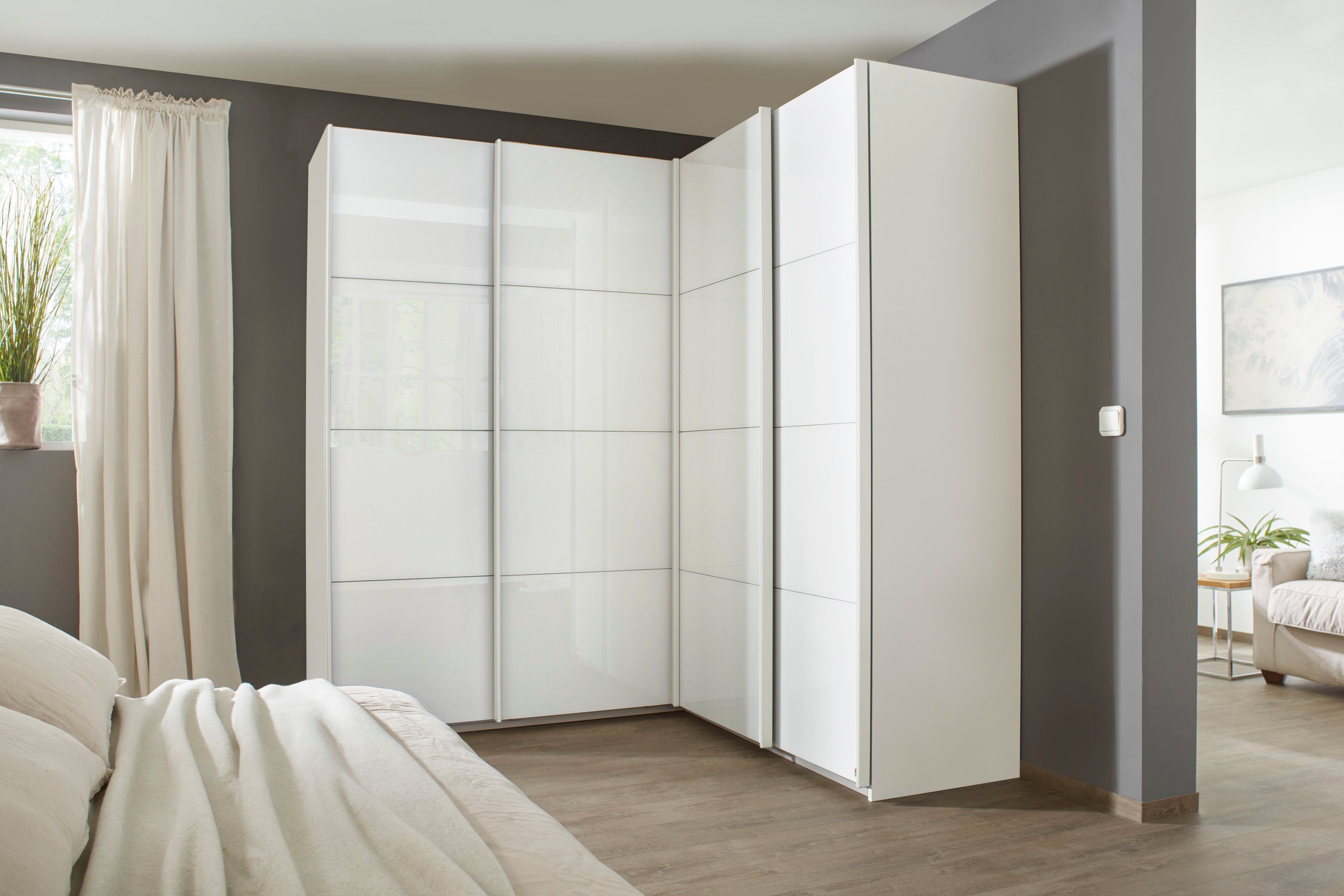 rauch Schwebetürenschrank Schrank Garderobe Eckkleiderschrank QUADRA Front in Dekor/Hochglanz (in den Höhen 210/229 cm, inkl. Soft-Close-Funktion) großer Eckschrank mit viel Stauraum, Maß 181x187 cm MADE IN GERMANY