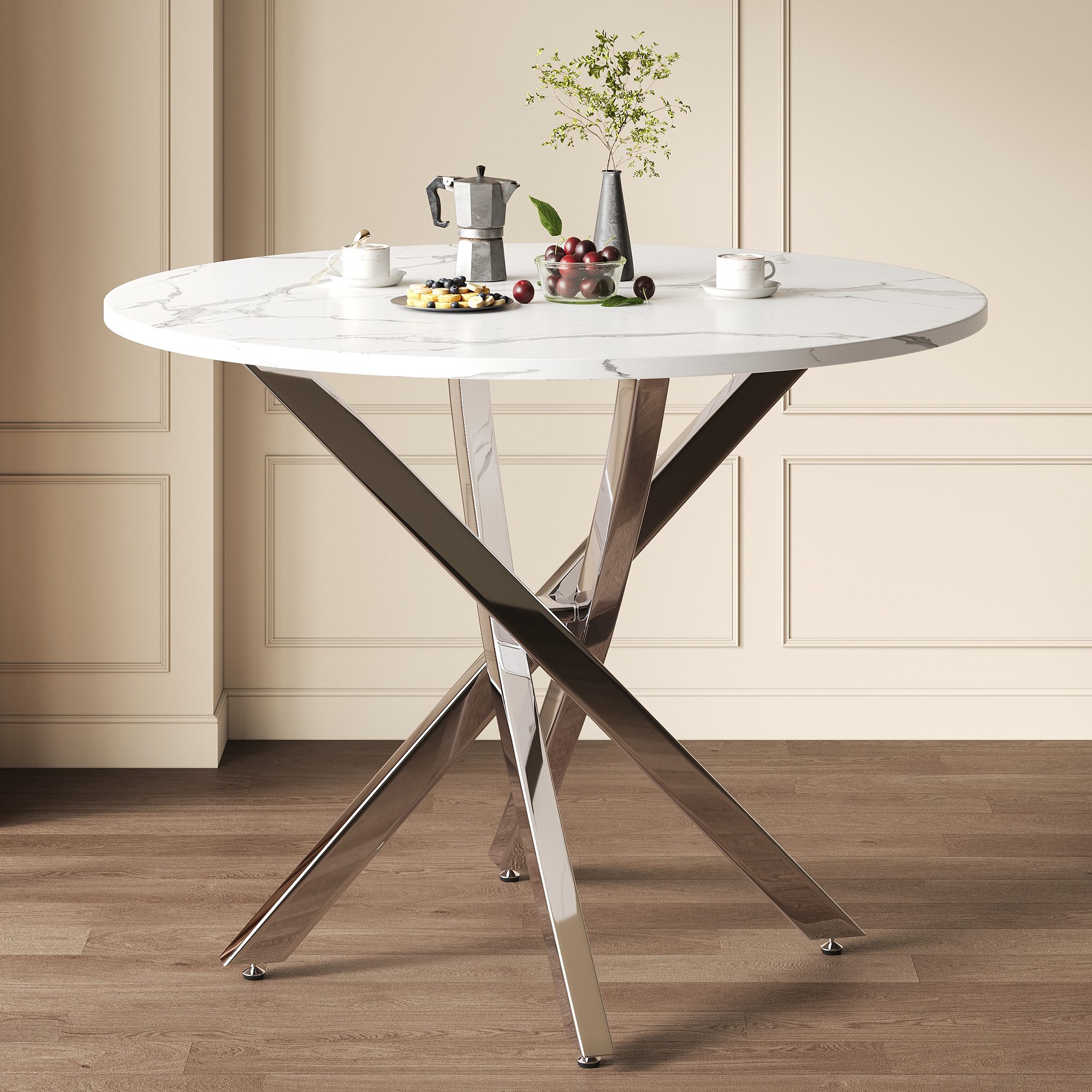Flieks Esstisch runder Tisch Multifunktionstisch (galvanisierte Tischbeine mit verstellbaren Fußpolstern in silberfarben, 1-St., 1 Tisch, B80xH75 cm), moderner Küchentisch Arbeitstisch, Tischplatte in weißer Marmoroptik