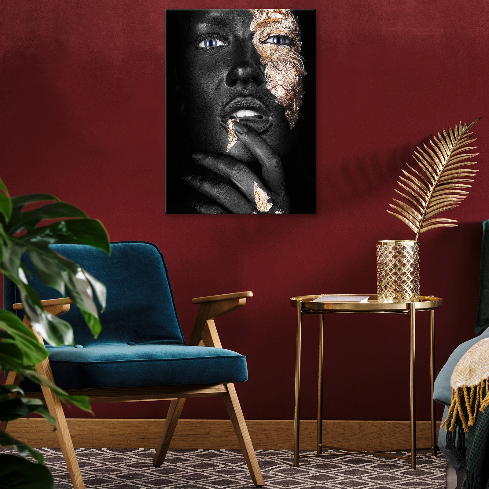 Wallarena Leinwandbild Frau Lippen Gold Schwarz Abstrakt Groß XXL Wandbilde günstig online kaufen