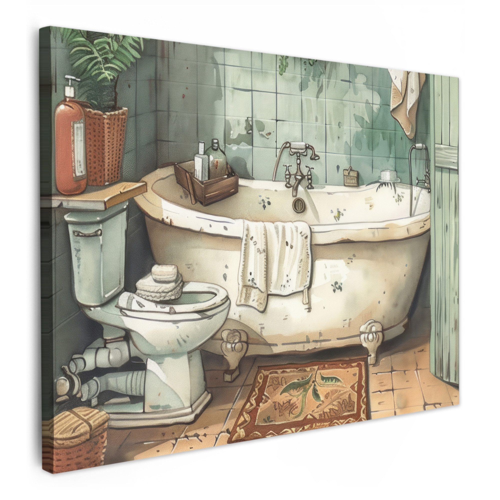 OneMillionCanvasses® Leinwandbild Vintage - Badewanne - Badezimmer - Illustration, Fotodruck (1 St), Badezimmer Deko, Klo Bilder, WC und Badezimmerdeko 40x30 cm