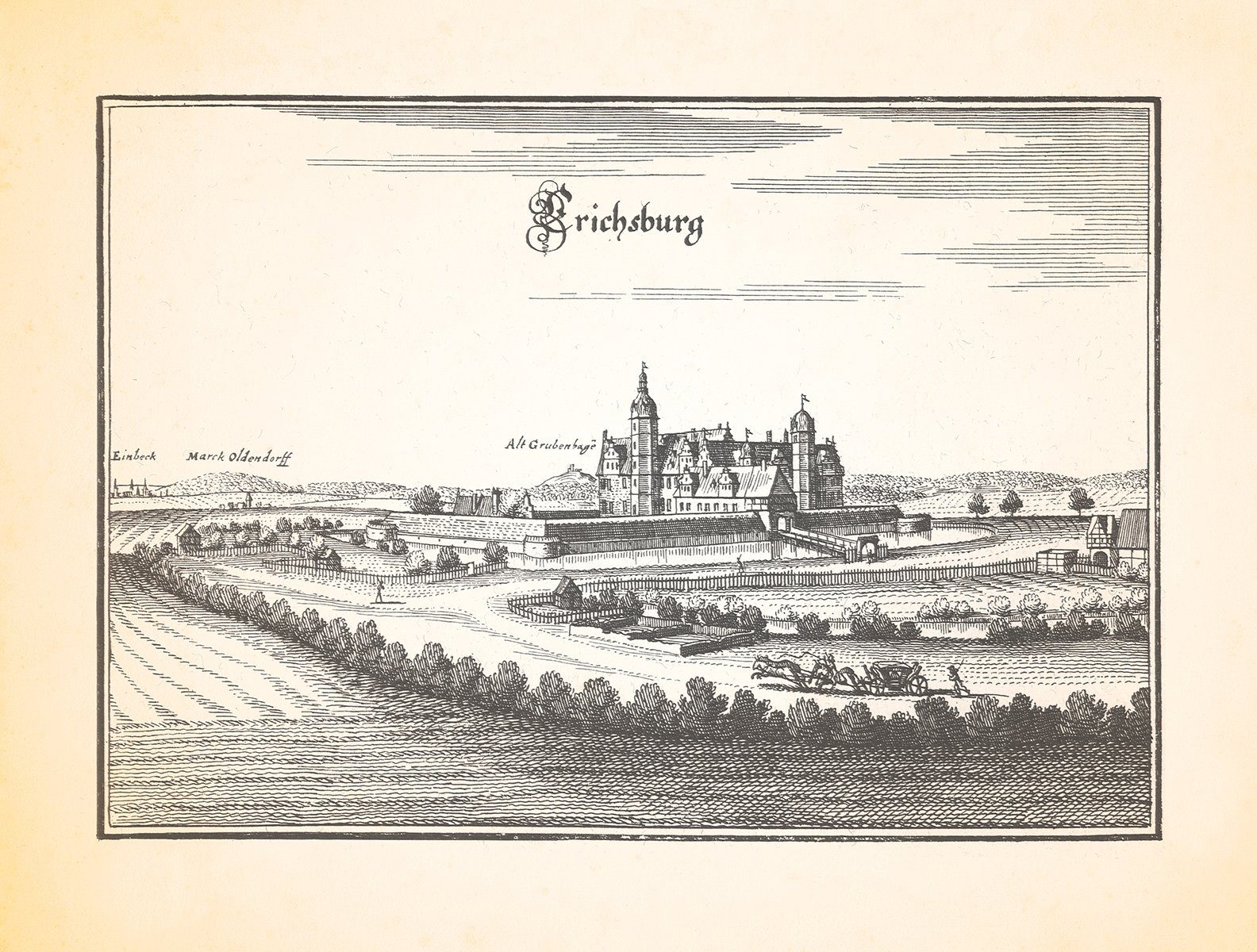 Kunstdruck Erichsburg Niederungsburg Wassergraben hohe Wälle Kupferstich Merian 0