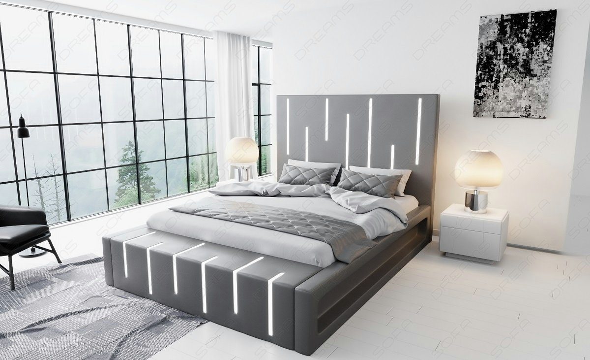 Sofa Dreams Boxspringbett Milona Komplettbett mit mit Beleuchtung, Kunstleder Topper LED Bett Premium grau-grau