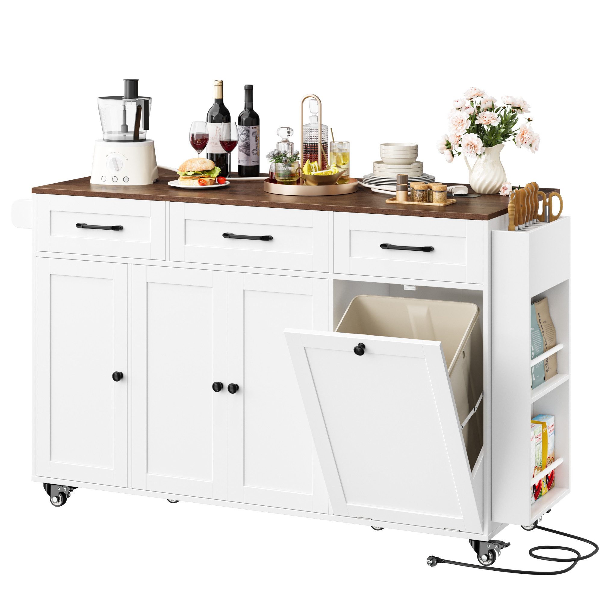 Homfa Küchenwagen mit Steckdoseleiste, 135cm klappbarer Arbeitsplatte & Messerblock, Kücheninsel mit Rollen, Küchenschrank mit Müllsystem 135x88x60cm