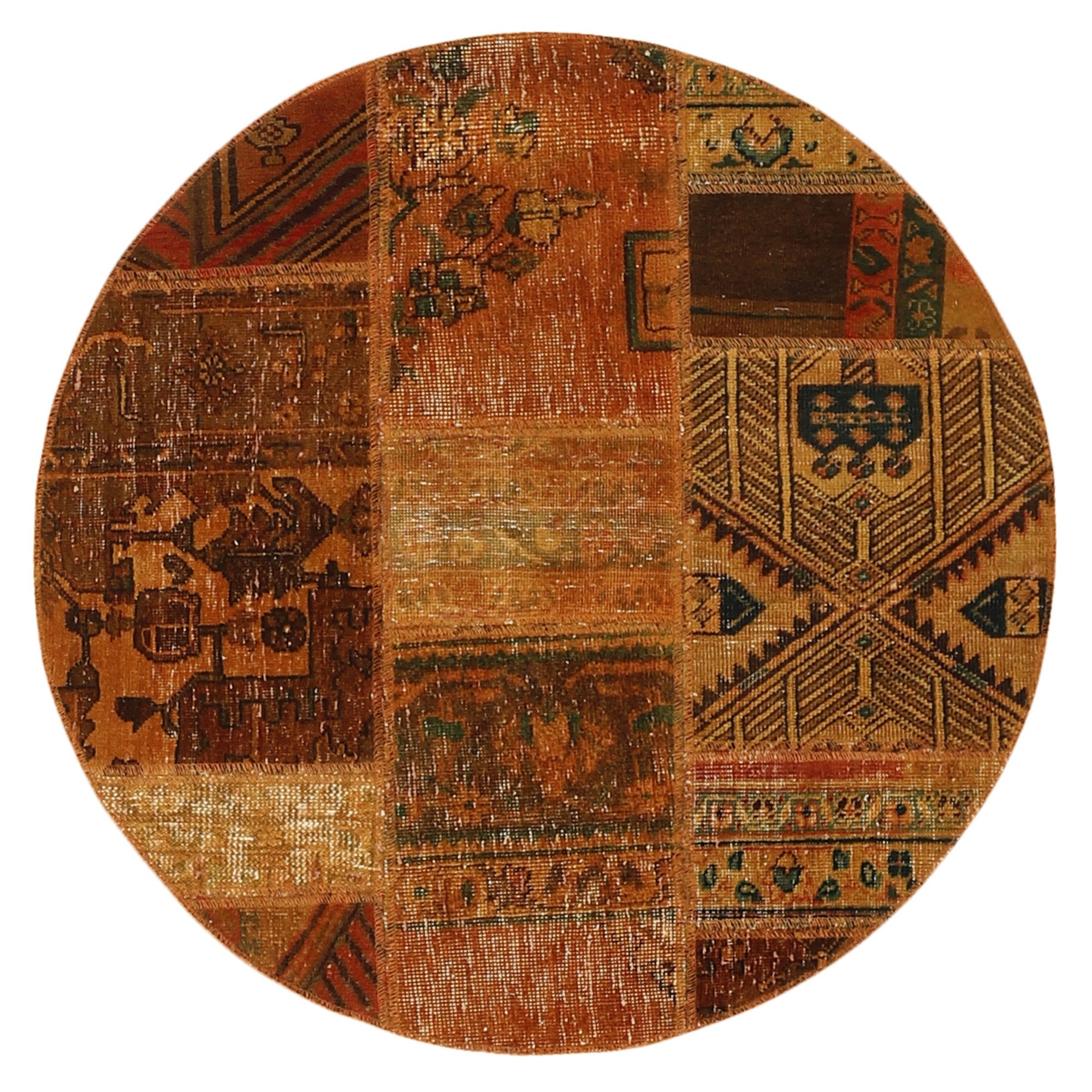 Wohnando Teppich MY-RUG Vintage Patch Work Floral & Ornamentiert 100x100cm, Rund, Höhe: 10 mm, Handgeknüpfter Teppich,Handgesponnene Wolle, mit Naturfarben gegärbt
