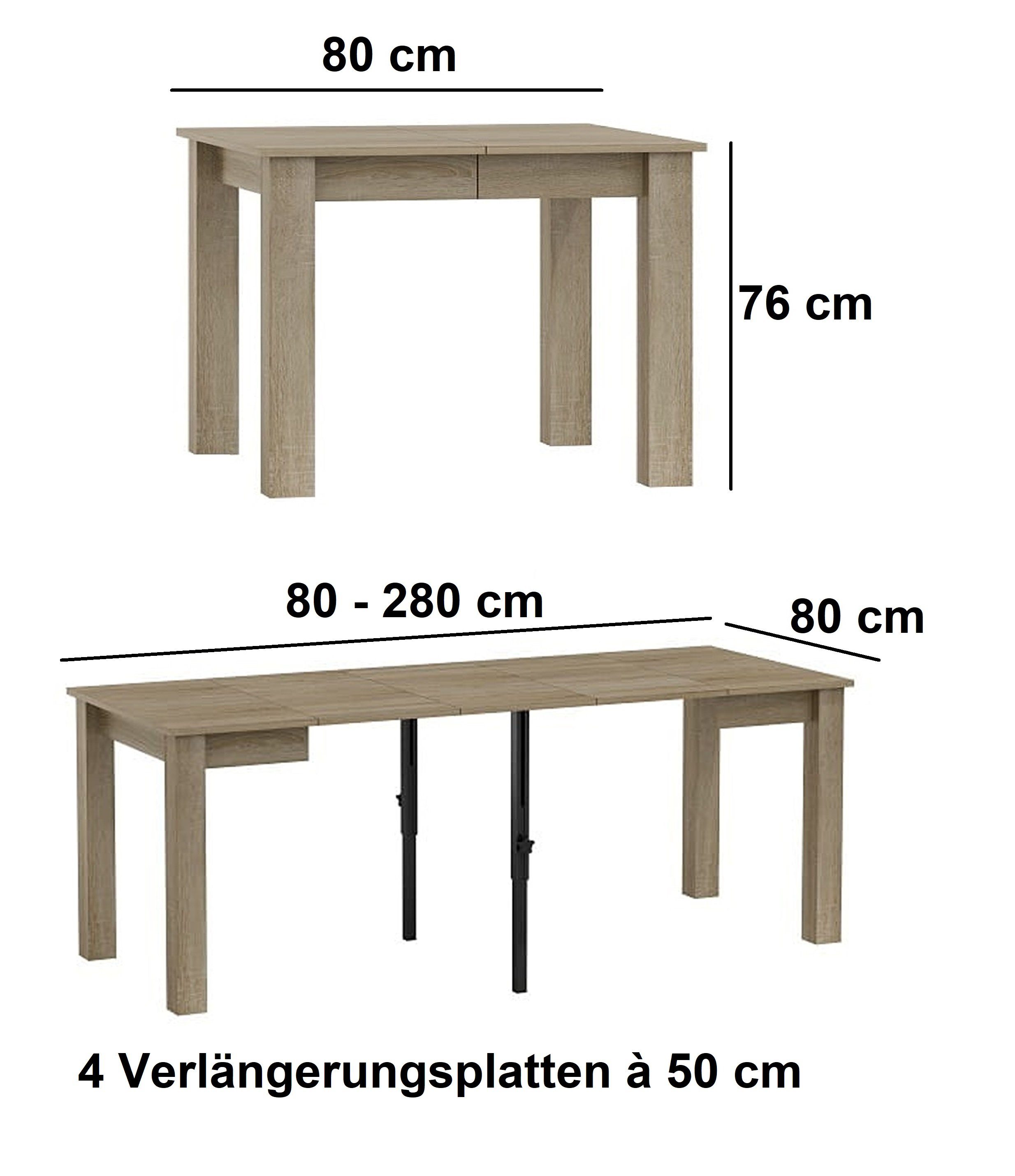Design ausziehbar Esstisch designimpex 80 280 DA-444 Tisch Esszimmer Esstisch Eiche bis Sonoma cm