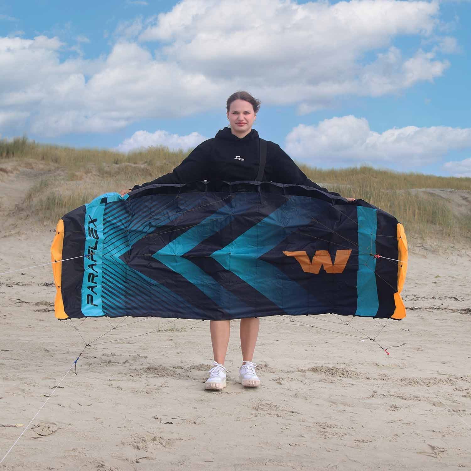 Wolkenstürmer Kite Paraflex Trainer 2.3 Lenkmatte 230 cm, (Actionkite Stunt Kite für Erwachsene, 1,7 m² Fläche, 1-tlg), Ready to Fly Powerkite mit Trainerbar für Kitesurfing (schwarz-türkis)