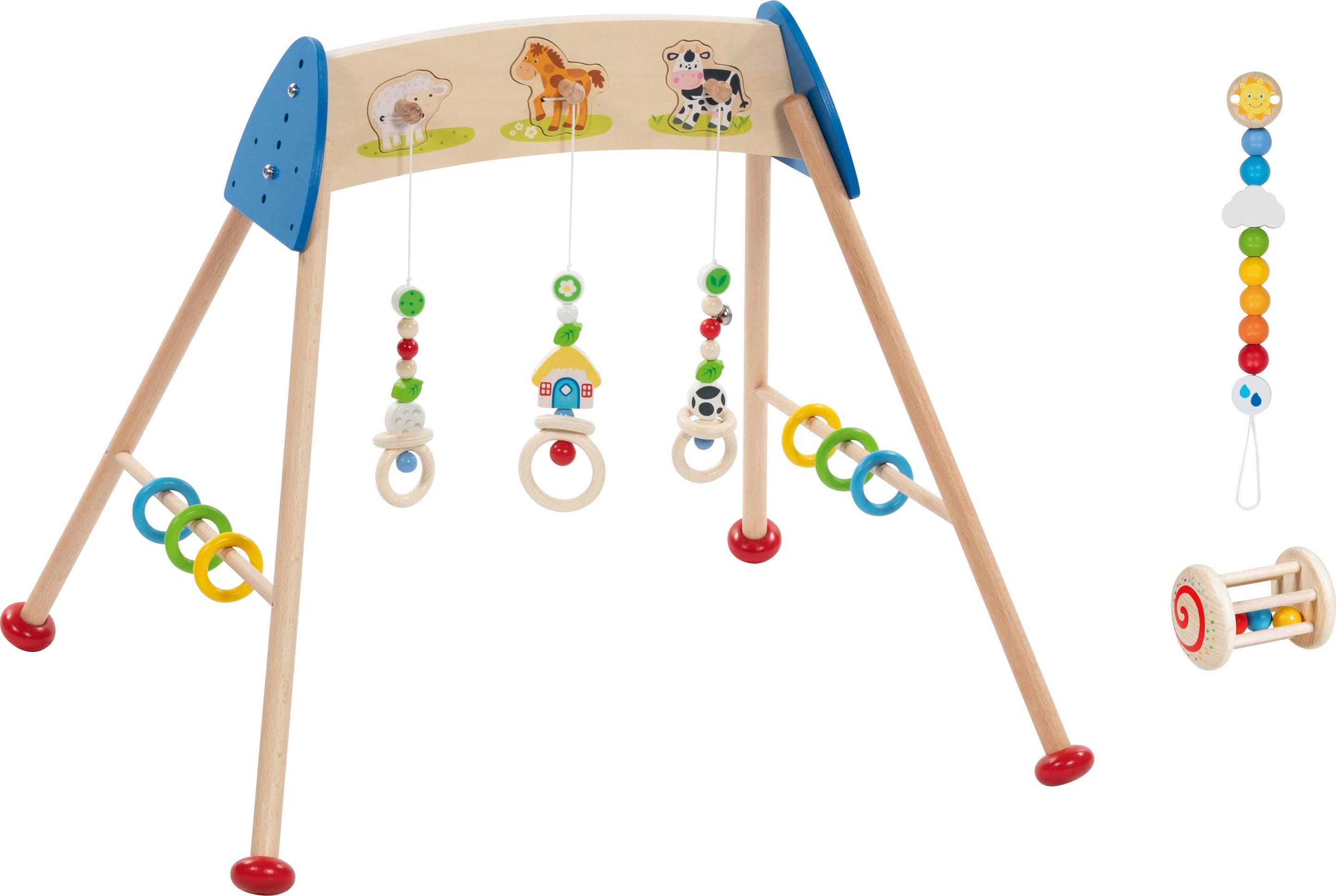 Greifspielzeug goki baby Bauernhof-Set: Spieltrainer + Greifling + Schnullerkette