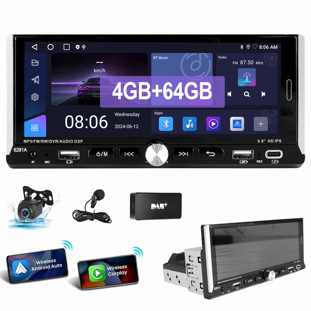 ESSGOO 4GB+64GB Single 1DIN Android 14 Apple Carplay Android Auto GPS WiFi Autoradio (Digitalradio (DAB), FM, AM, Touchscreen Mirror Link)