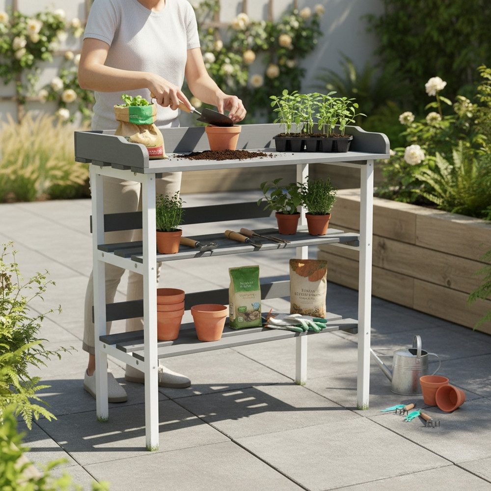 Melko Pflanztisch Gartenarbeitstisch Holz Pflanzregal mit Ablage Gärtnertisch (drei seitliche Haken ermöglichen das griffbereite Aufhängen von Werkzeugen, 1-St., Einsetzbar als Pflanztisch, Gartenarbeitstisch oder Beistelltisch), Integriertes Stauraumkonzept