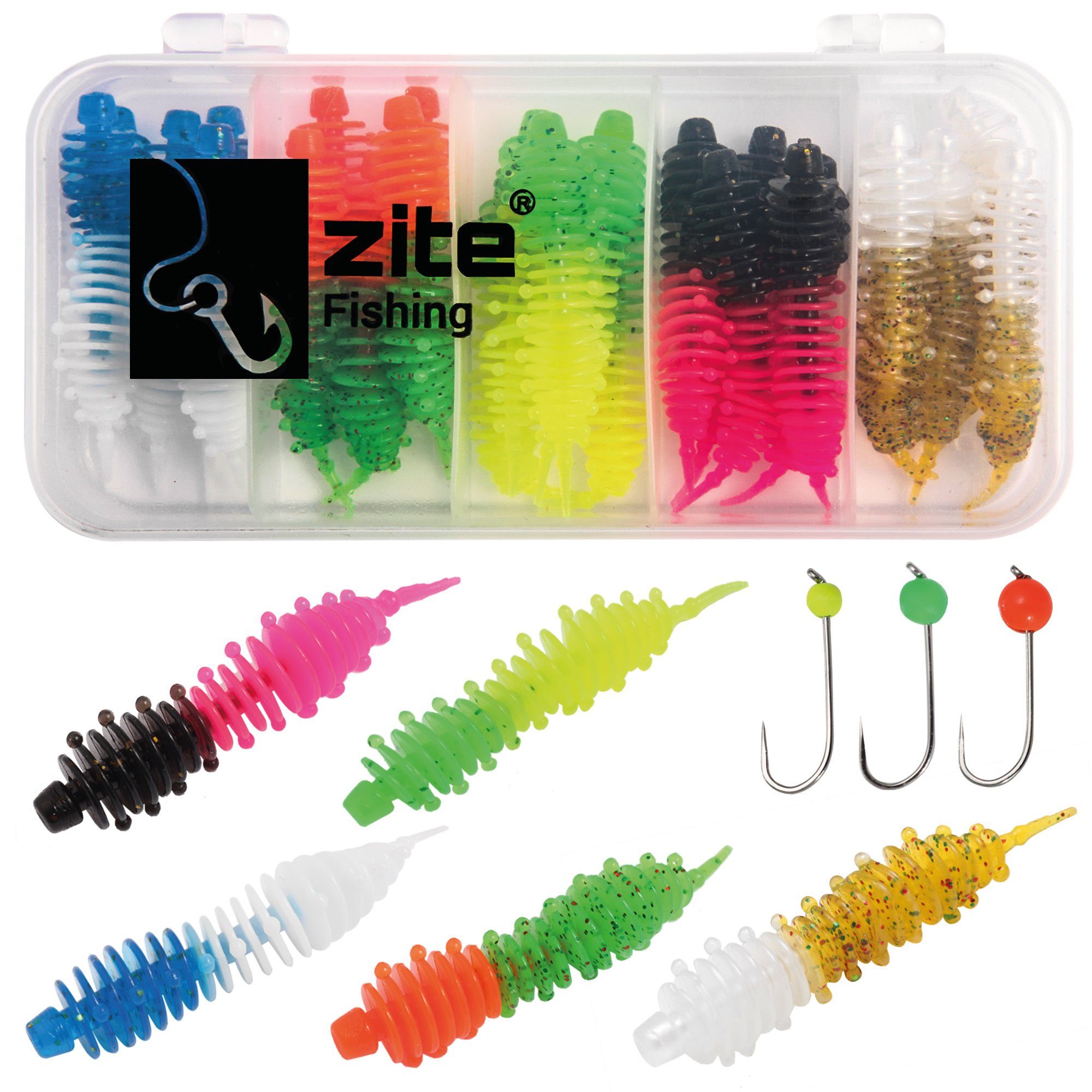 Zite Kunstköder Forelleköder Gummi Set 25 Stück Lamellenwürmer 3 Tungsten Jigköpfe