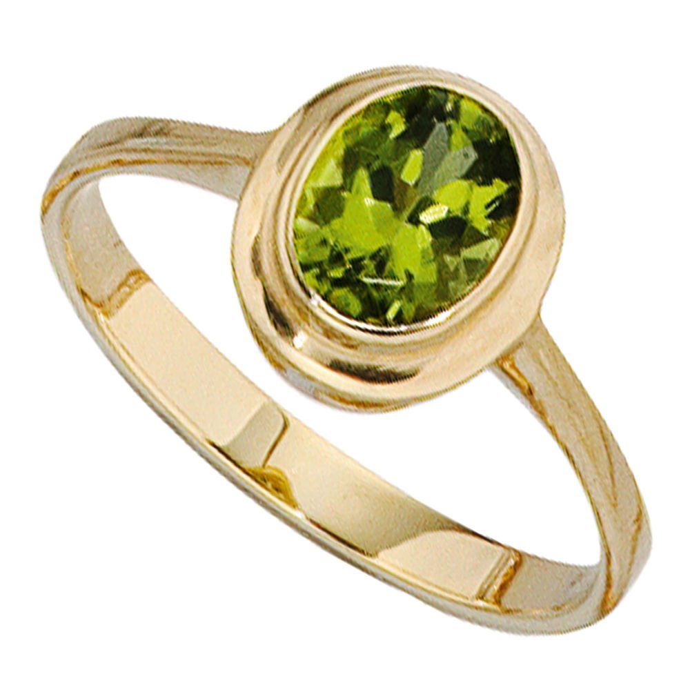 Schmuck Krone Fingerring Ring Damenring aus 585 Gold Gelbgold mit Peridot grün Fingerschmuck, Gold 585