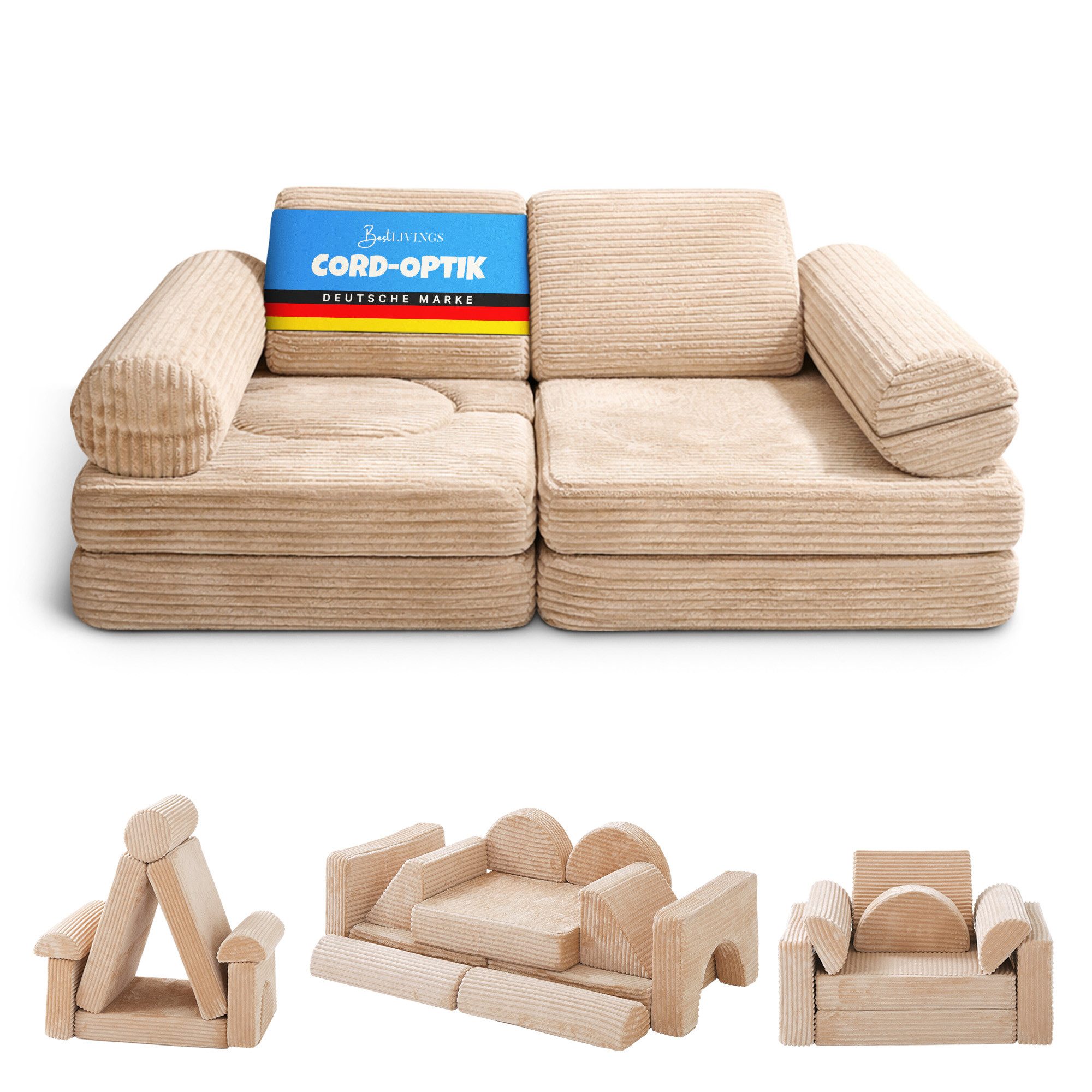 Bestlivings Kindersofa modulares Spielsofa aus Cord, 11 Teile, Schaumstoff, formstabil, erweiterbar, mit waschbarem Bezug