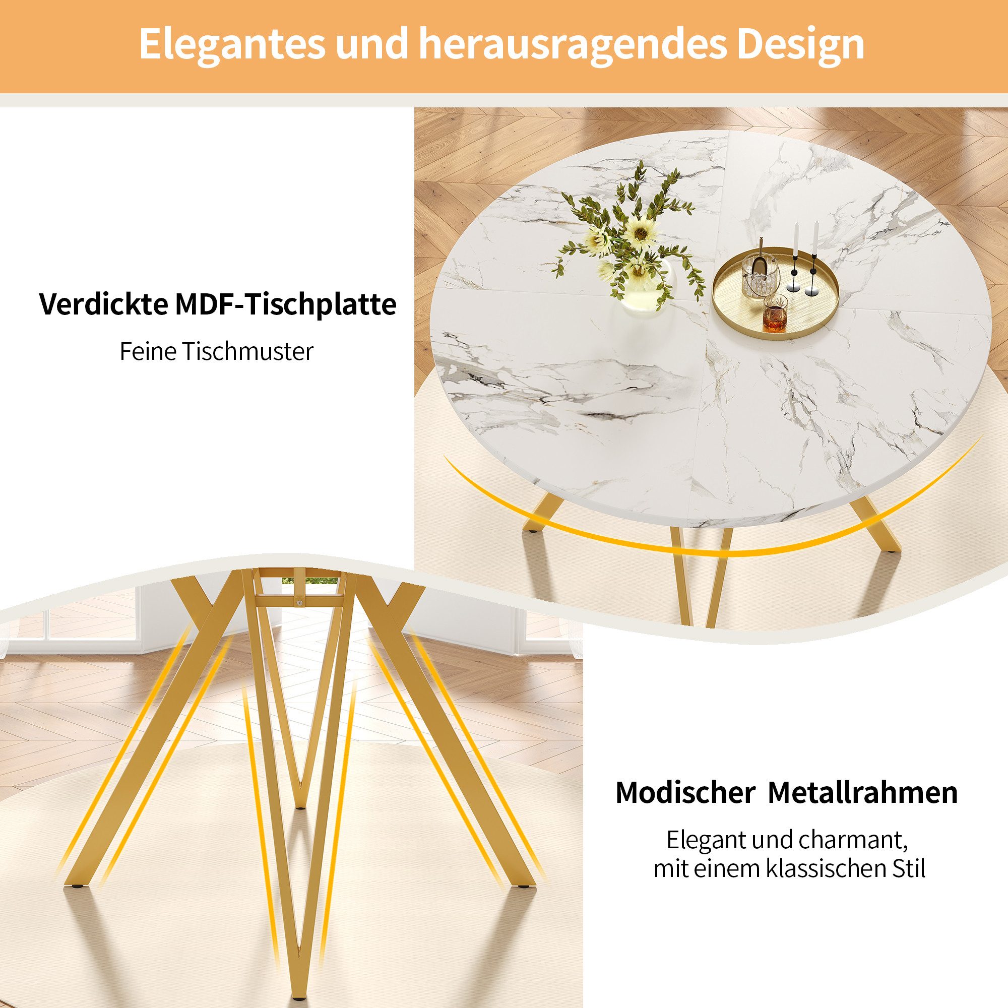 Odikalo Essgruppe 4 Esszimmerstühle 1 Esstisch Marmoroptik Metallbeine Hochglanz Weiß
