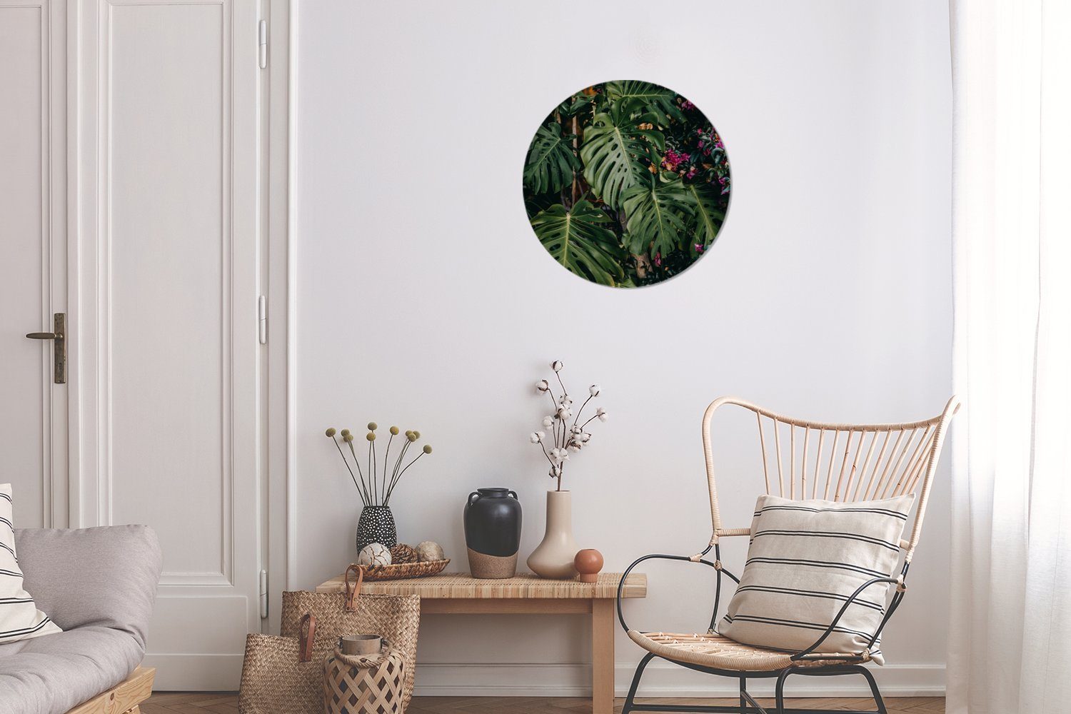 Wanddekoration cm Wohnzimmer, Rundes Blüten, Kreis Forex, 30x30 mit Monstera (1 MuchoWow Gemälde St), Wandbild, Grüne rosa